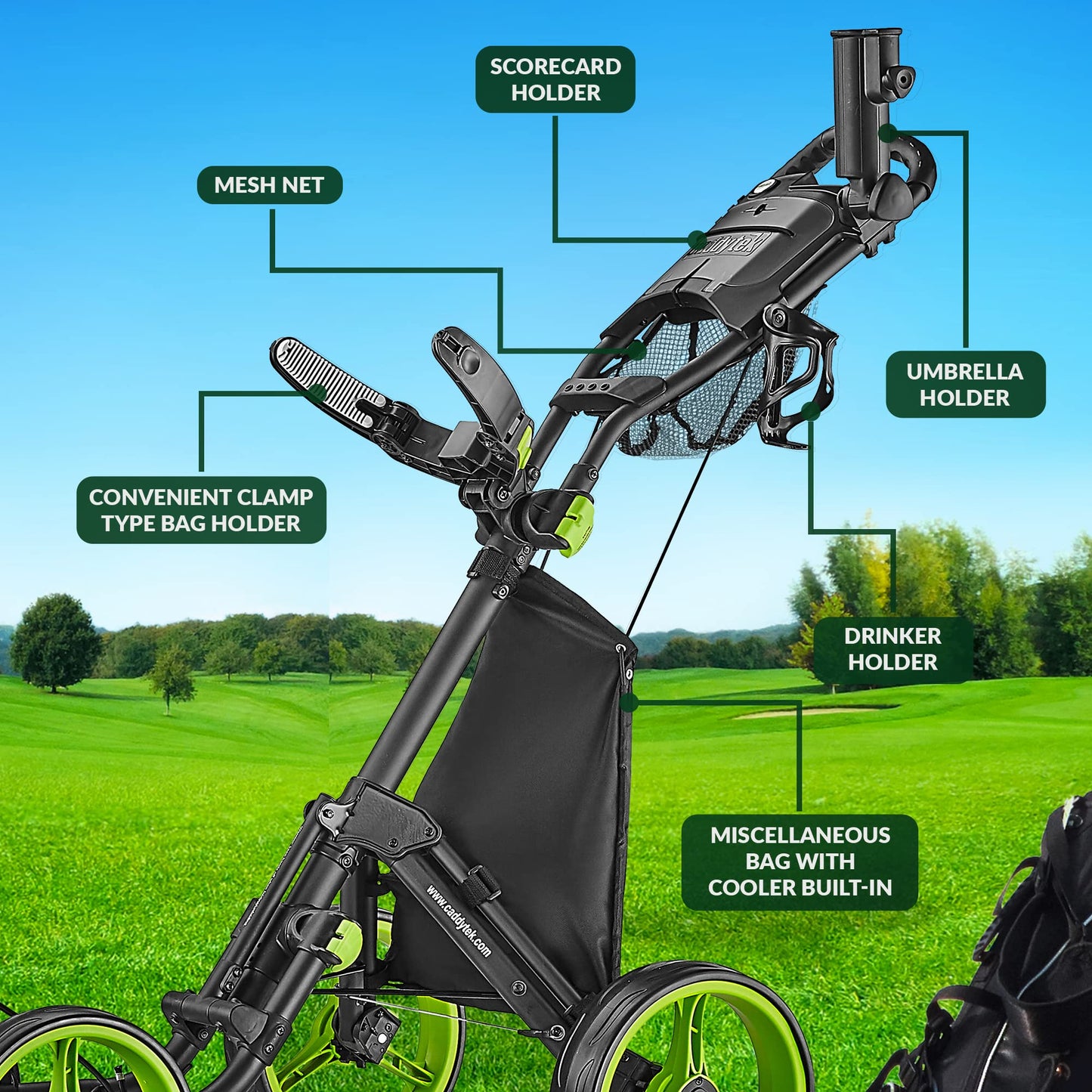 Caddytek Explorer V8 Golf Push Cart - SuperLite 4 Wheel Aluminum Foldable Cart with Adjustable Front Wheel Width, Foot Brake, Cooler Basket, Umbrella Holder, Drink Holder, Scorecard Console
