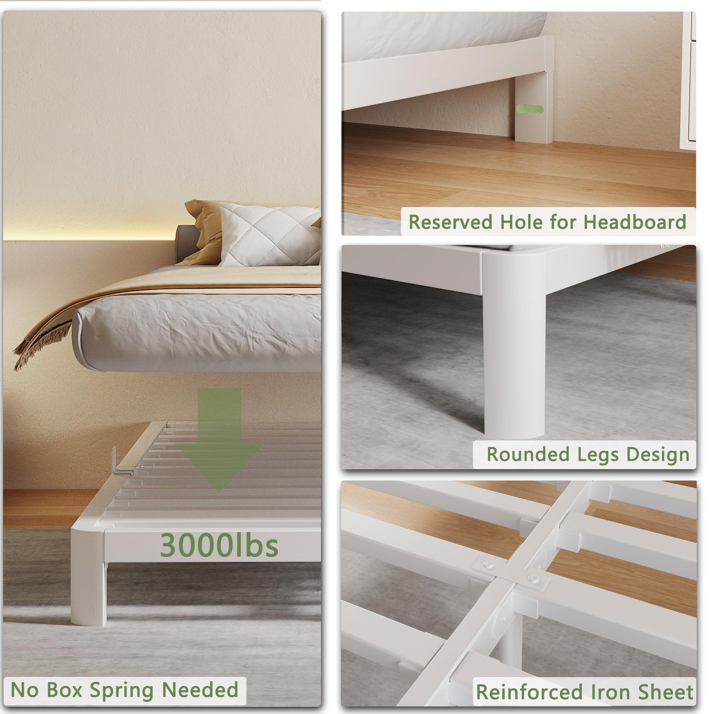 KZZLOL 6 Inch White Low Profile Bed Frame Queen, Low Queen Size Bed Frame No Box Spring Needed, Mattress Stopper, DIY Headboard, Heavy Duty Beds Support 3000 LBS, Rounded Leg, Easy Assembly, Noiseless