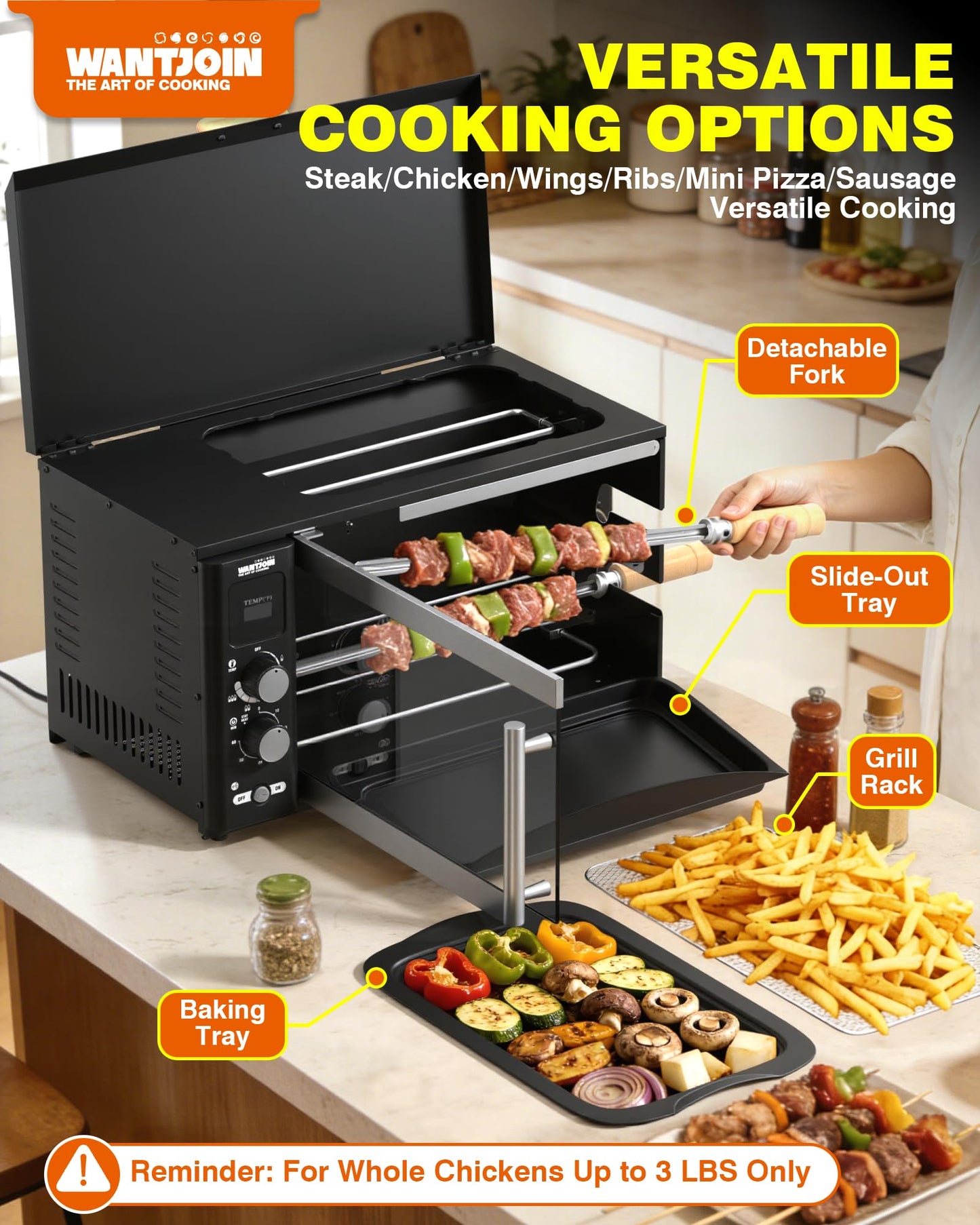 WantJoin Electric Rotisserie Oven - 35L 3-in-1 Rotisserie Grill Oven, Dual Skewers, Grilling Rack, 360°Auto-Rotate Heating, Rotisserie Cooker Machine for Home Kitchen & Party Use,1800W