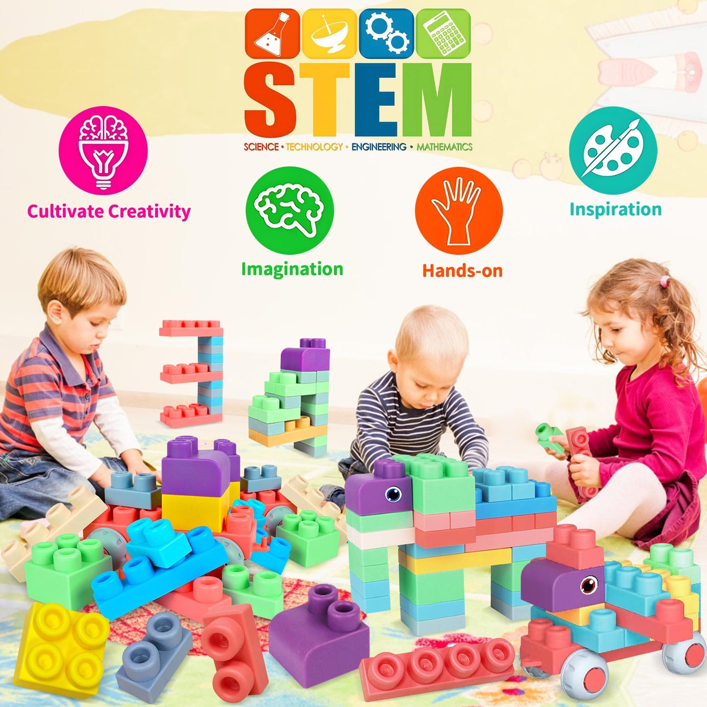 Baby Soft Blocks Set, Big Building Block Toys, Soft Rubber Blocks for Babies 6 Months and Sensory Rattle Balls Textured, Baby Teething Sensory Montessori Toys Soft Chew Toy with Rattles