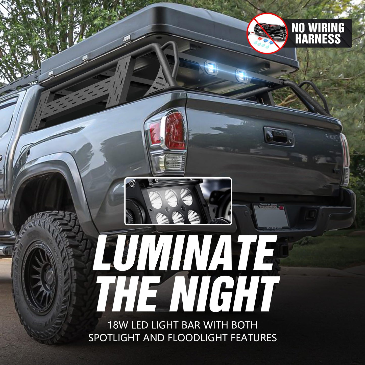 YZONA 13.3" High Overland Bed Racks Truck Cargo Carrier with 2 LED Lights Compatible with 2016-2025 Toyota Tacoma with Bed Rails, 1000 LBS Truck Rear Ladder Rack Back Cross Bars