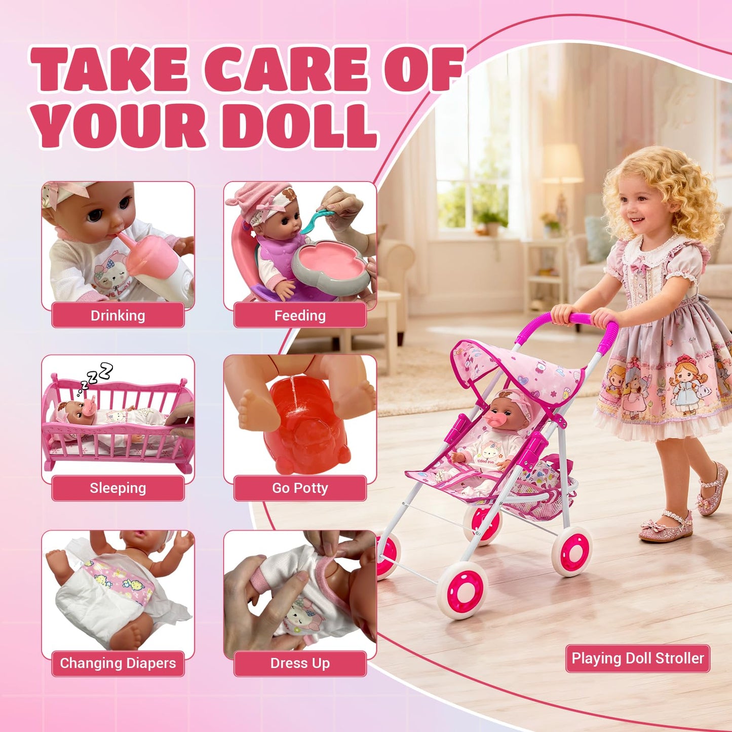 Baby Doll Toys Set with Stroller, Crib, Dining Chair, Realistic Doll Accessories for Kids Pretend Play, Dolls Care Toys Playset for Girls Toddler Ages 3 4 5 6