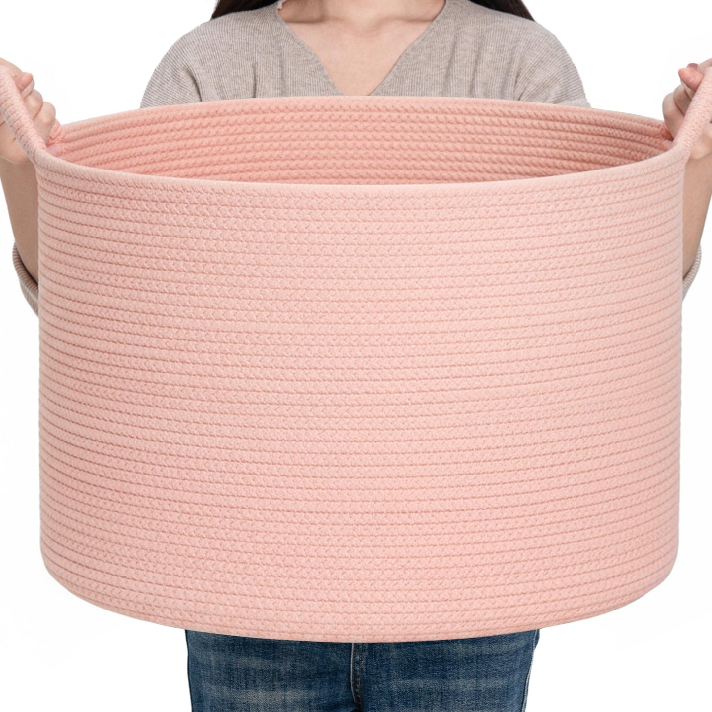 CLHMILY&Z Round Cotton Rope Storage Basket in Living Room, Bedroom, Laundry Room for Toy, Clothes, Blanket, Pillow (Pink, XLarge(14.2"x22"))