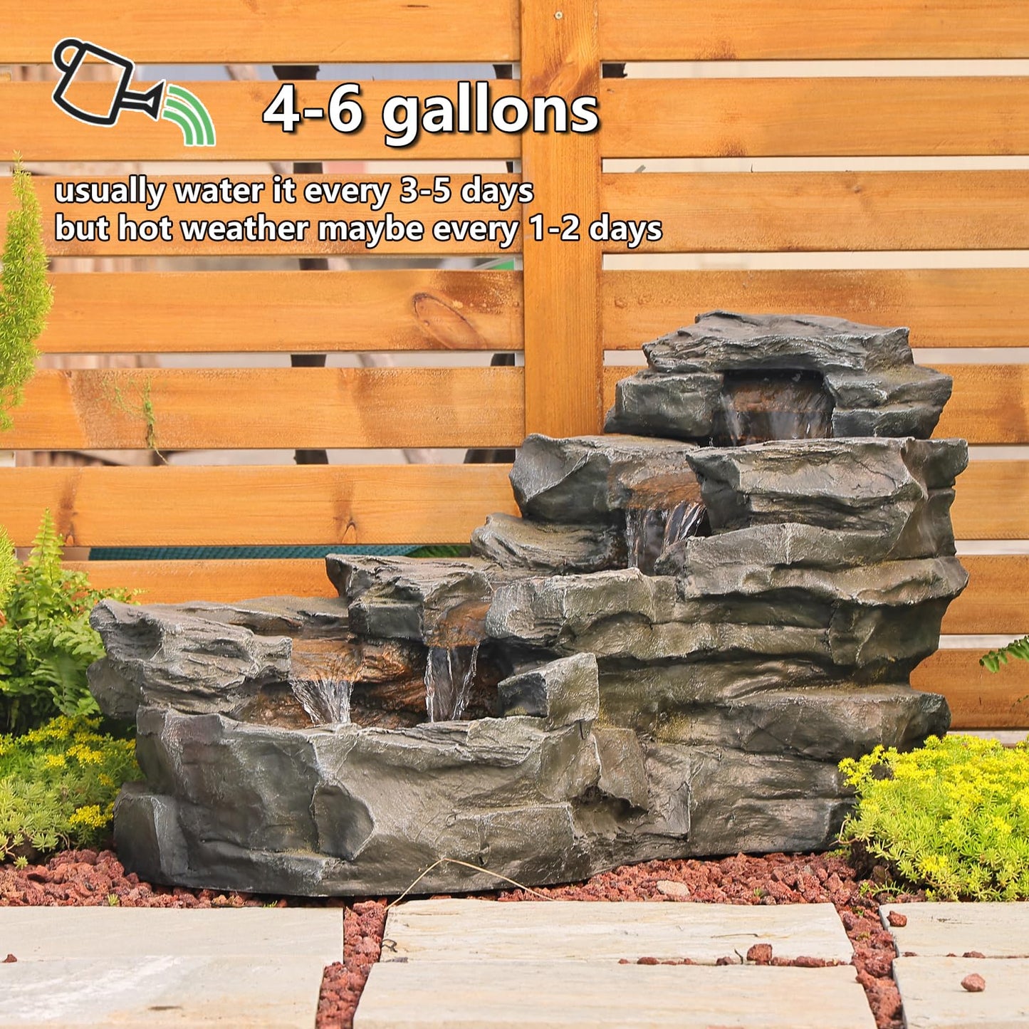 37" L Garden Outdoor Water Fountain, Floor Standing 5-Tiers Rock Natural Waterfall Outdoor Fountains with LED Lights for Patio, Porch, Home Art Decor