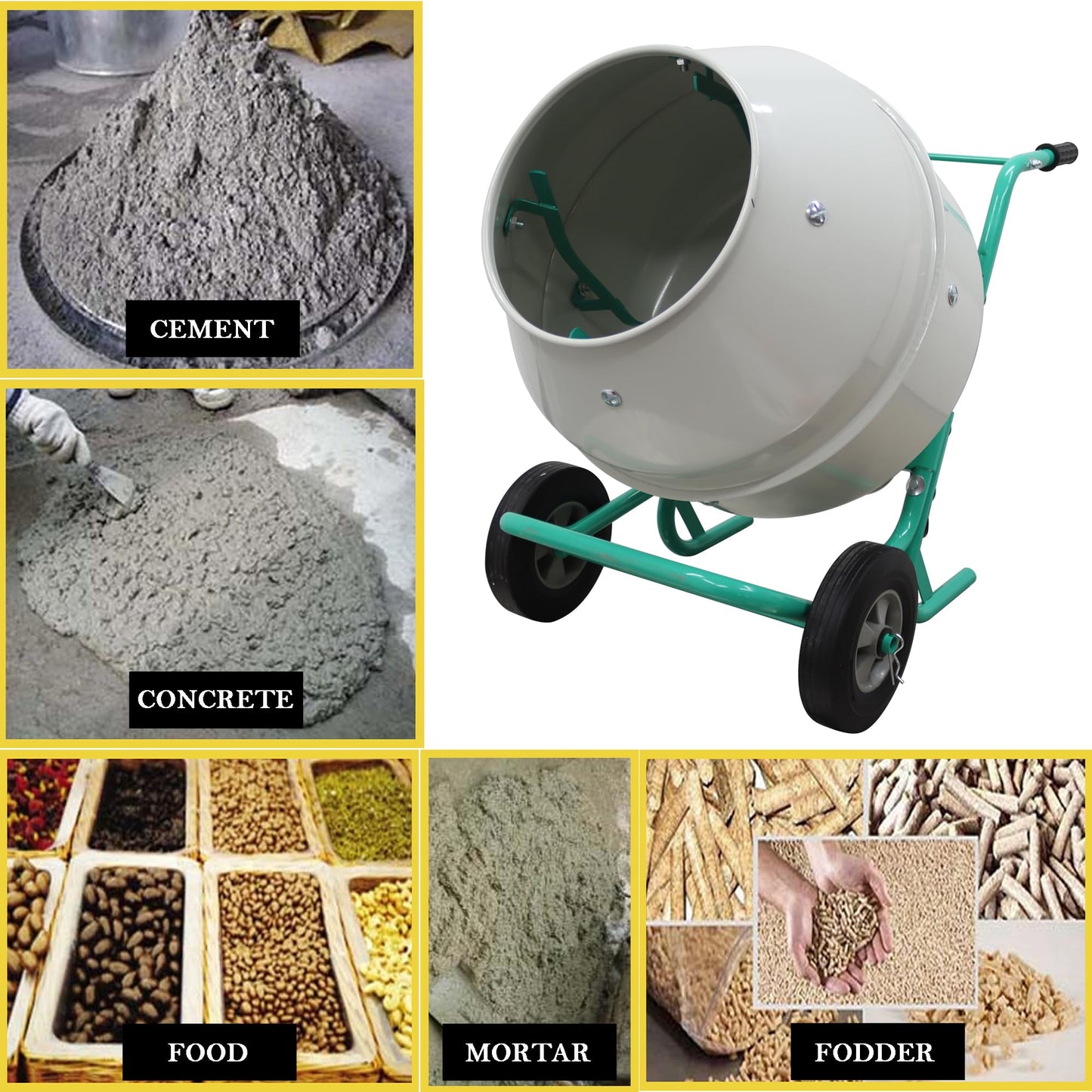 HQHAOTWU Electric Cement Mixer Concrete Mortar Steel Mix Drum Hand-pushed Movable Concrete Mixer Machine 5.3 Cubic Ft/150L Cement Mixing Drum for Stucco with Wheel and Stand