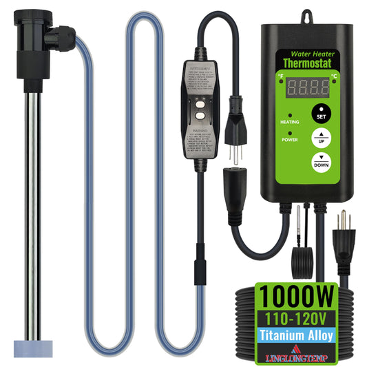 LINGLONGTEMP 1000W Titanium Submersible Hot Tub & Pool Portable Electric Immersion Water Heater with Temp Control & GFCI for Bathtubs, Buckets, Baptism Pool, Inflatable Pool, Baptistry & Sap tub