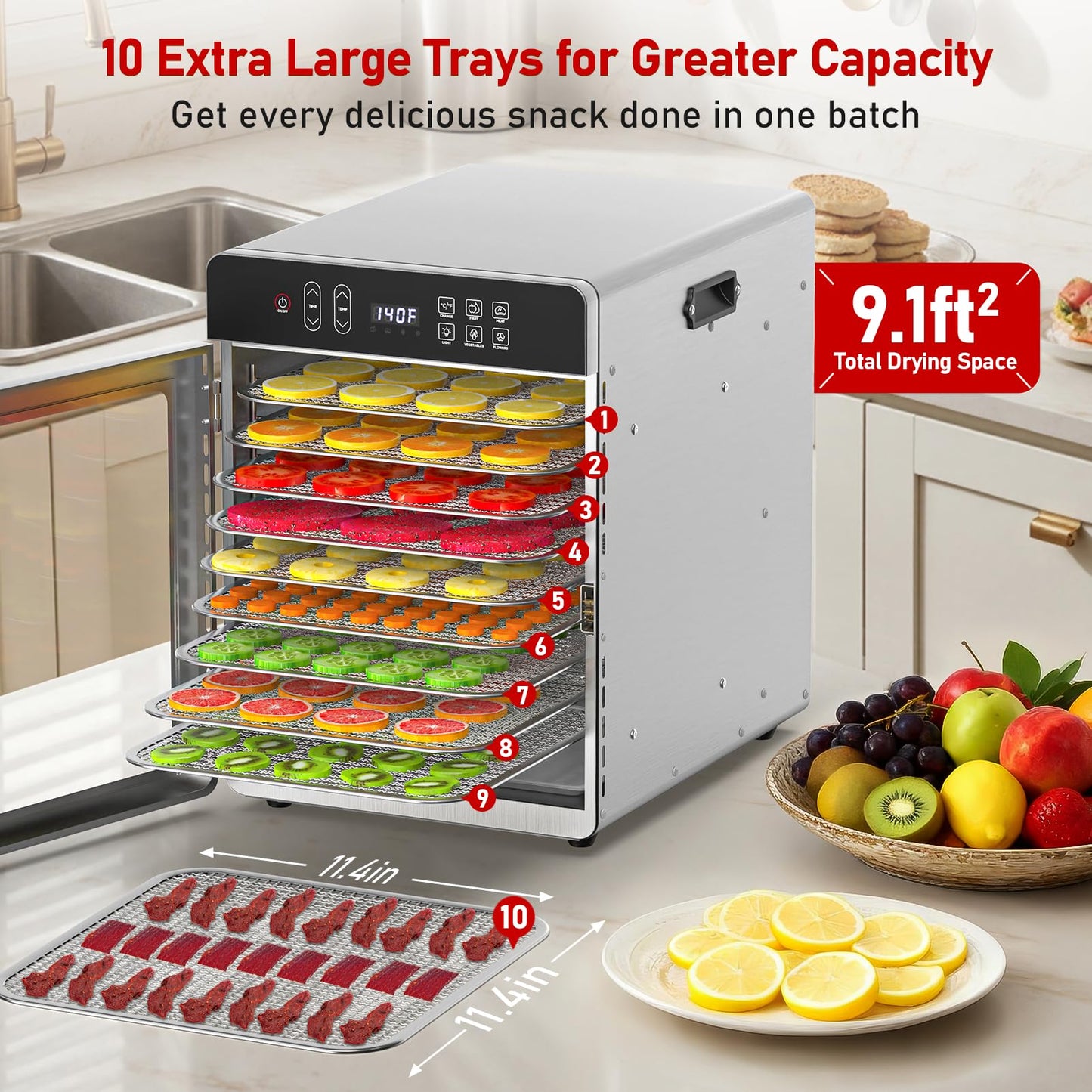 Food Dehydrator with 10 Stainless Steel Trays, 800W Dehydrator with 194℉ Temperature Control & 24H Digital Timer, Low Noise, 4 Presets, for Jerky, Herbs, Yogurt, Dog Treats
