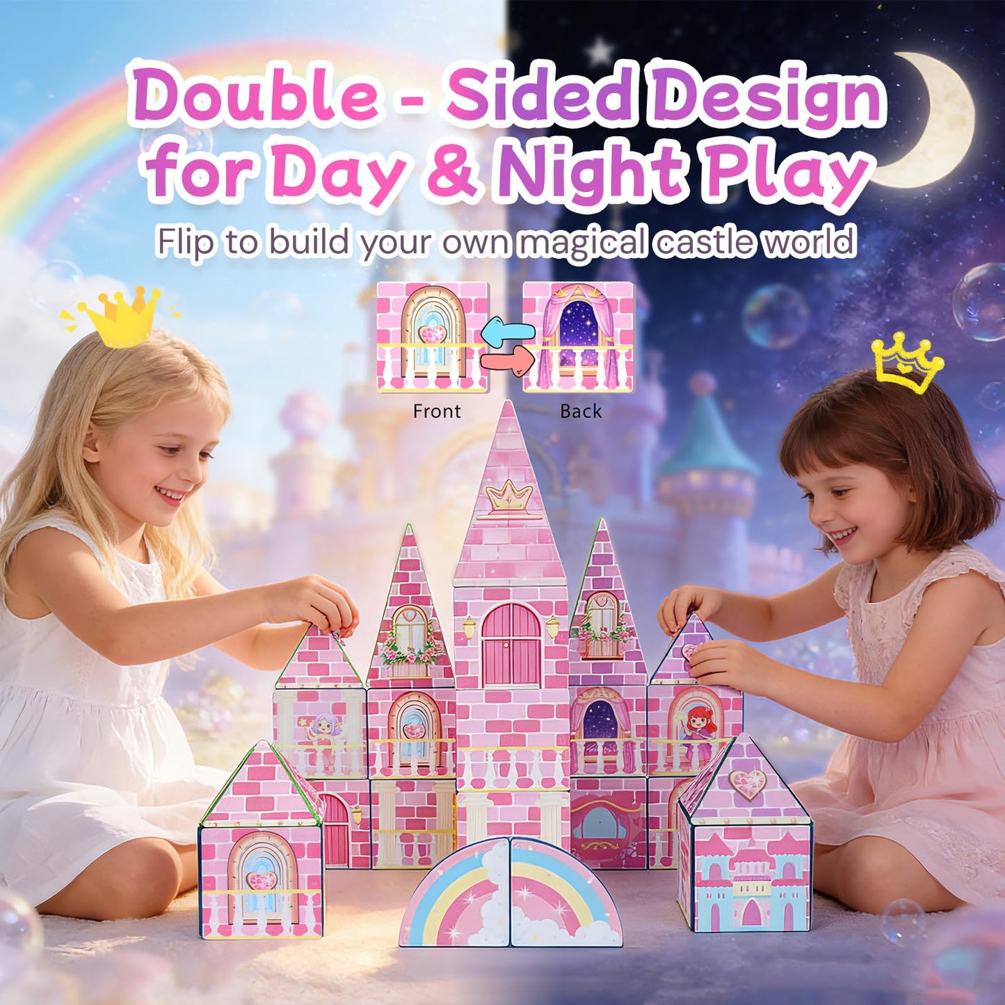 LATI Magnetic Tiles Princess Castle Building Toy for Kids, Double-Sided Magnetic Blocks for Day & Night Play, Open-Ended STEM Educational Toy, Compatible with Other Brands, Gift for Girls Ages 3–8
