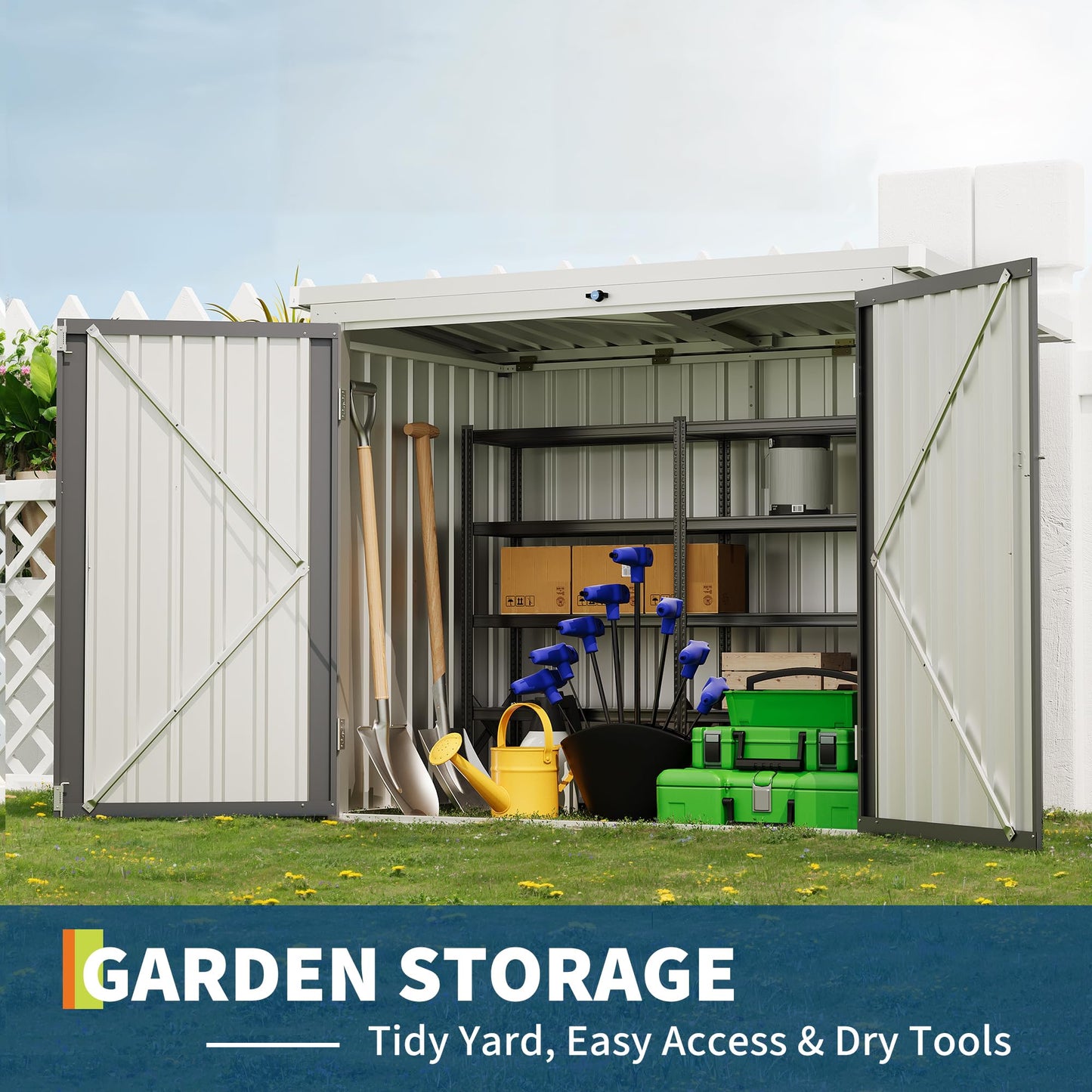 GarveeLife Outdoor Storage Shed, 80 Cu.Ft Outdoor Trash Can Storage Box with Lockable Door&Sloped Roof,Cabinet with Multi-Use Rust Prevention Galvanized Steel Enclosure for Yard, Garden, Patio