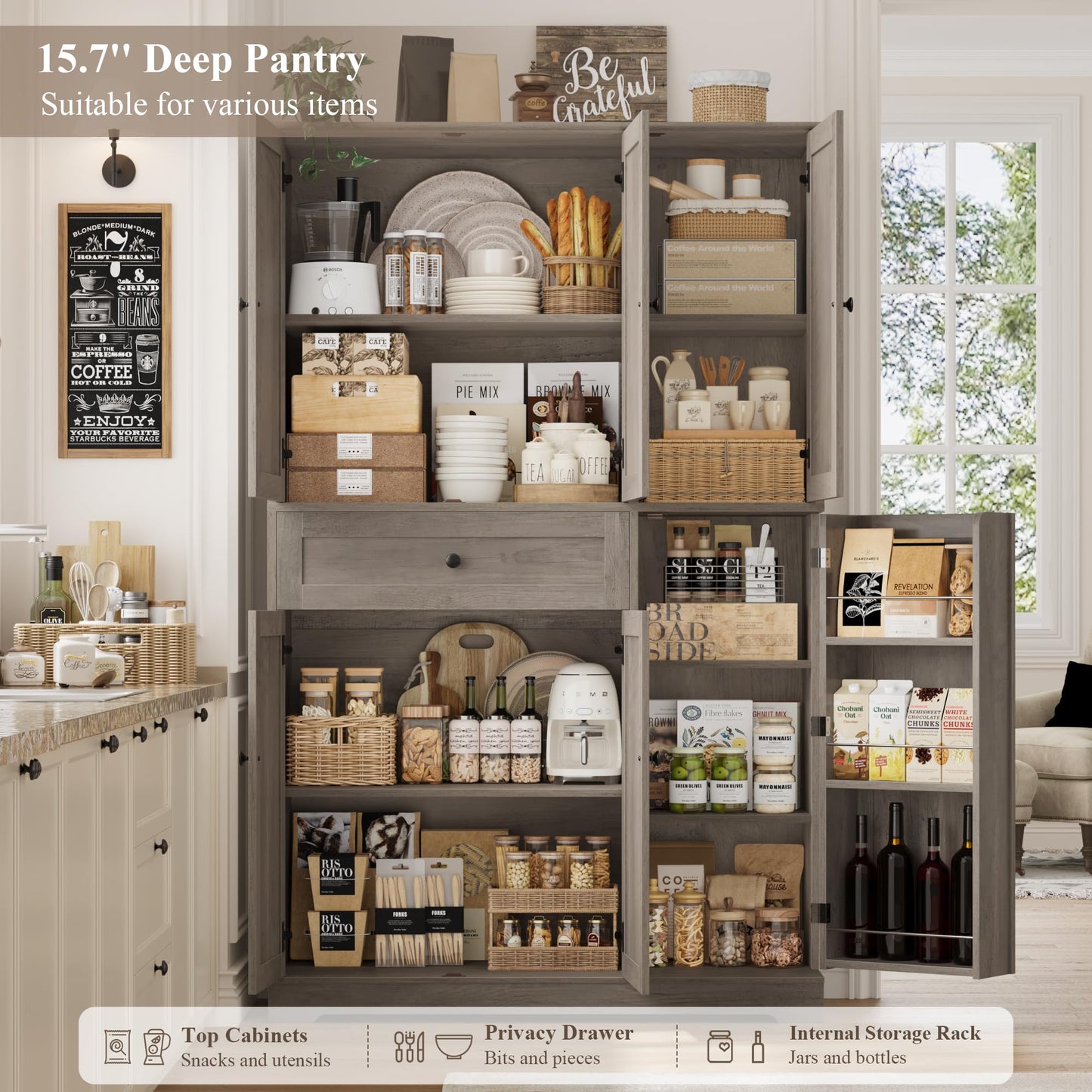 HOSTACK 68" Tall Kitchen Pantry Storage Cabinet, Modern Kitchen Hutch Cabinet with Doors and Shelves, Freestanding Food Pantry with Large Storage Drawer for Dining Room, Living Room, Ash Gray