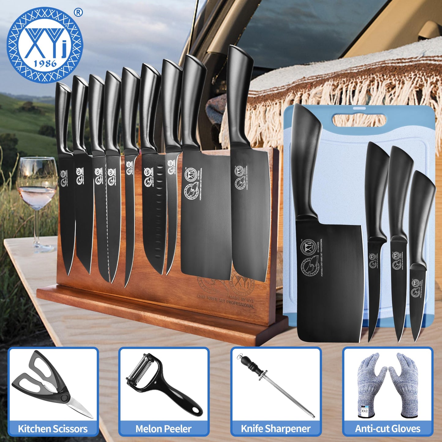 XYJ Professional Knife Sets for Master Chefs,Meat Cleaver Butcher for Camping,Chef Knife Set with Magnetic Knife Block,Bag,Stainless Steel Kitchen Knives Tools Kit