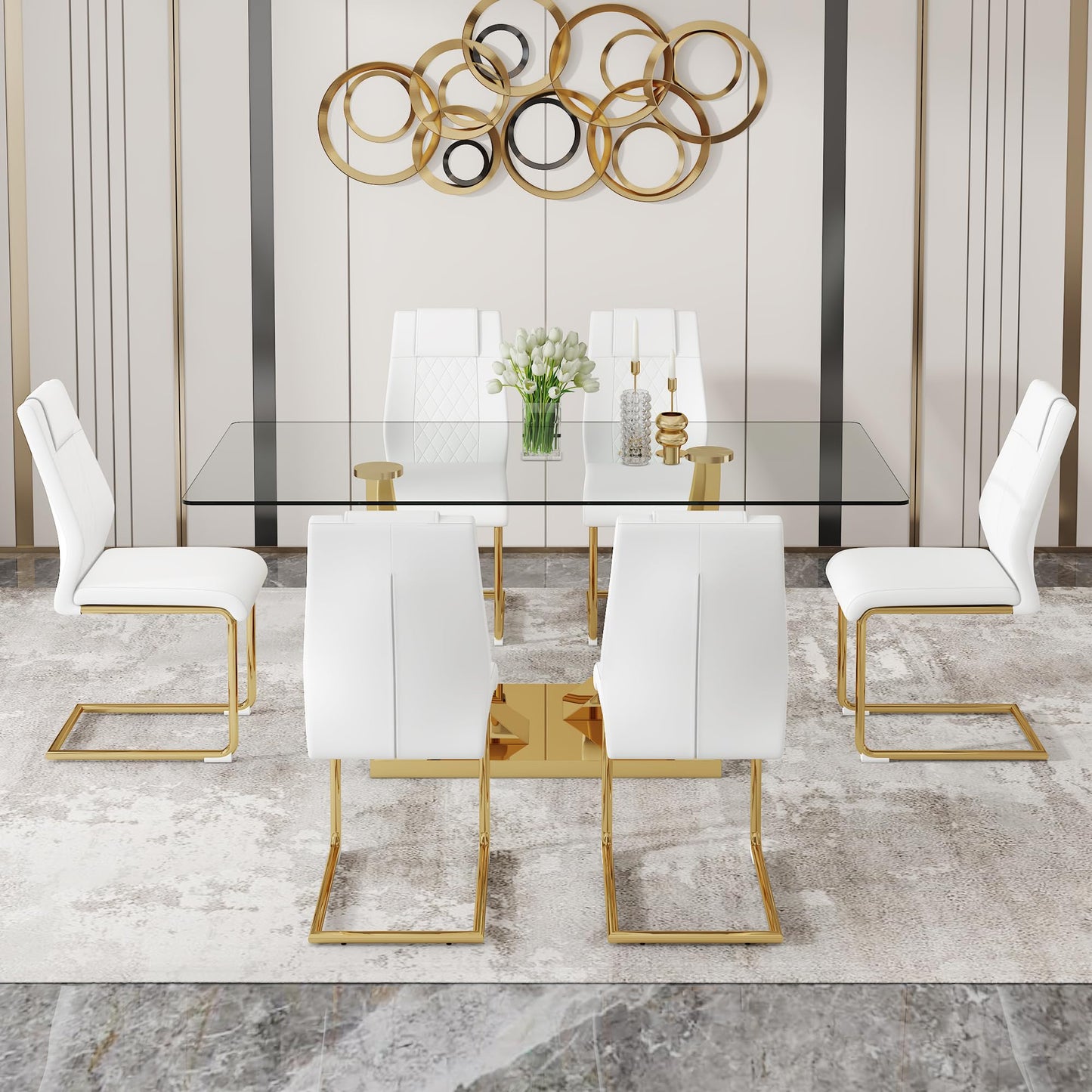 JEARGE Glass Dining Table Set for 6, Modern Kitchen Table Set for 6, 71" Tempered Glass Tabletop with U-Shaped Gold Base, 7 Ppiece Large Dining Room Table Set with White PU Leather Chairs