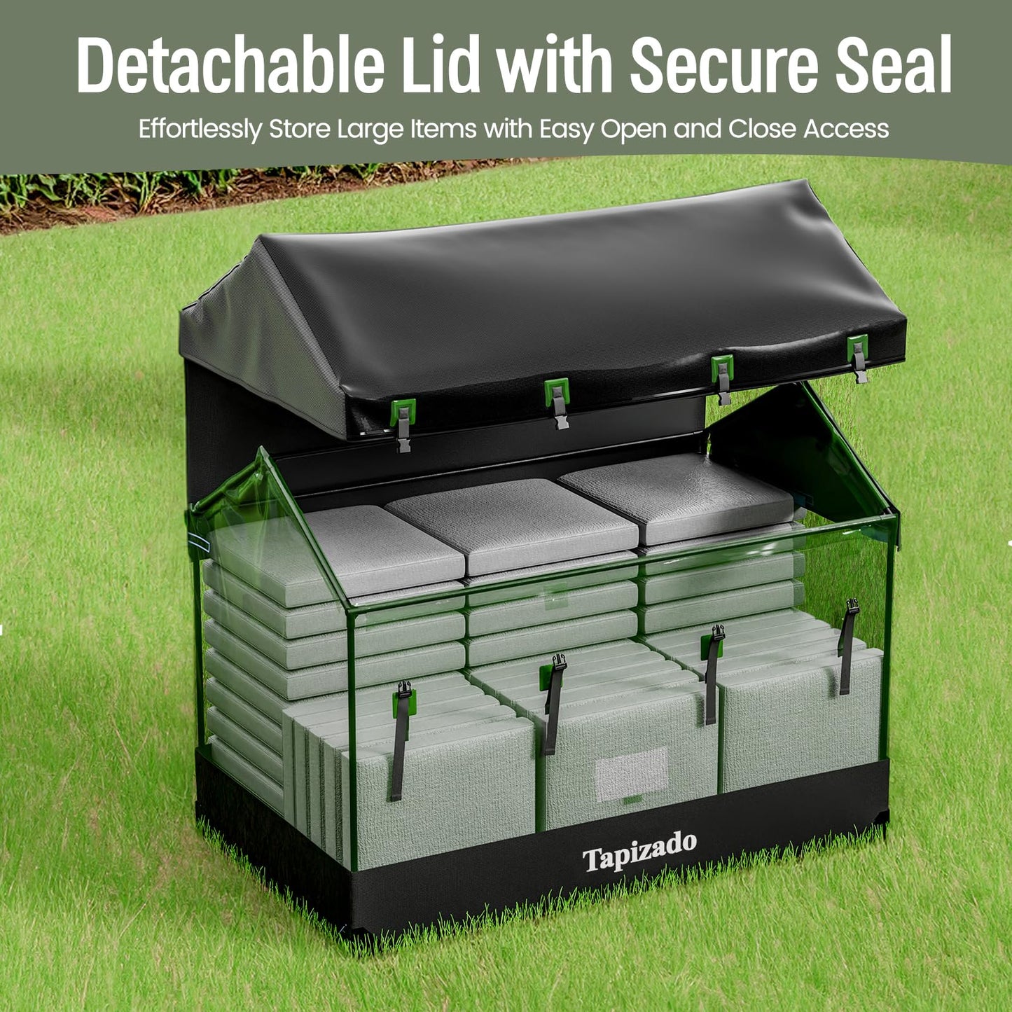Tapizado 310 Gallon Extra Large Deck Boxes, 1170L Capacity Waterproof Outdoor Storage Bin for Patio Furniture Cushions, Pool Accessories, Garden Tools and Christmas Tree, Black & Green