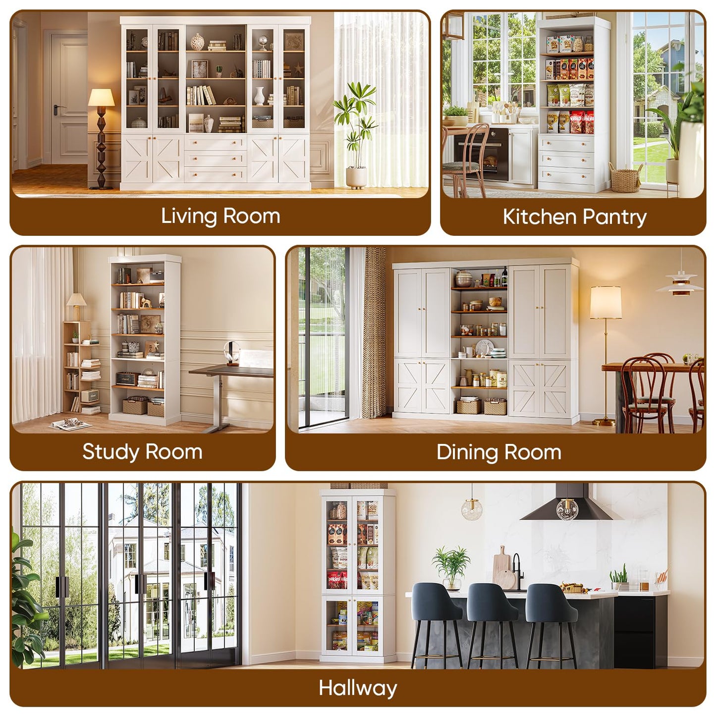 Vyre 70.8" Bookshelf with Glass Doors, Farmhouse Modular Bookcase with 6-Tier Adjustable Shelves, Large Storage Cabinet for Living Room & Home Office, Set of 2, White