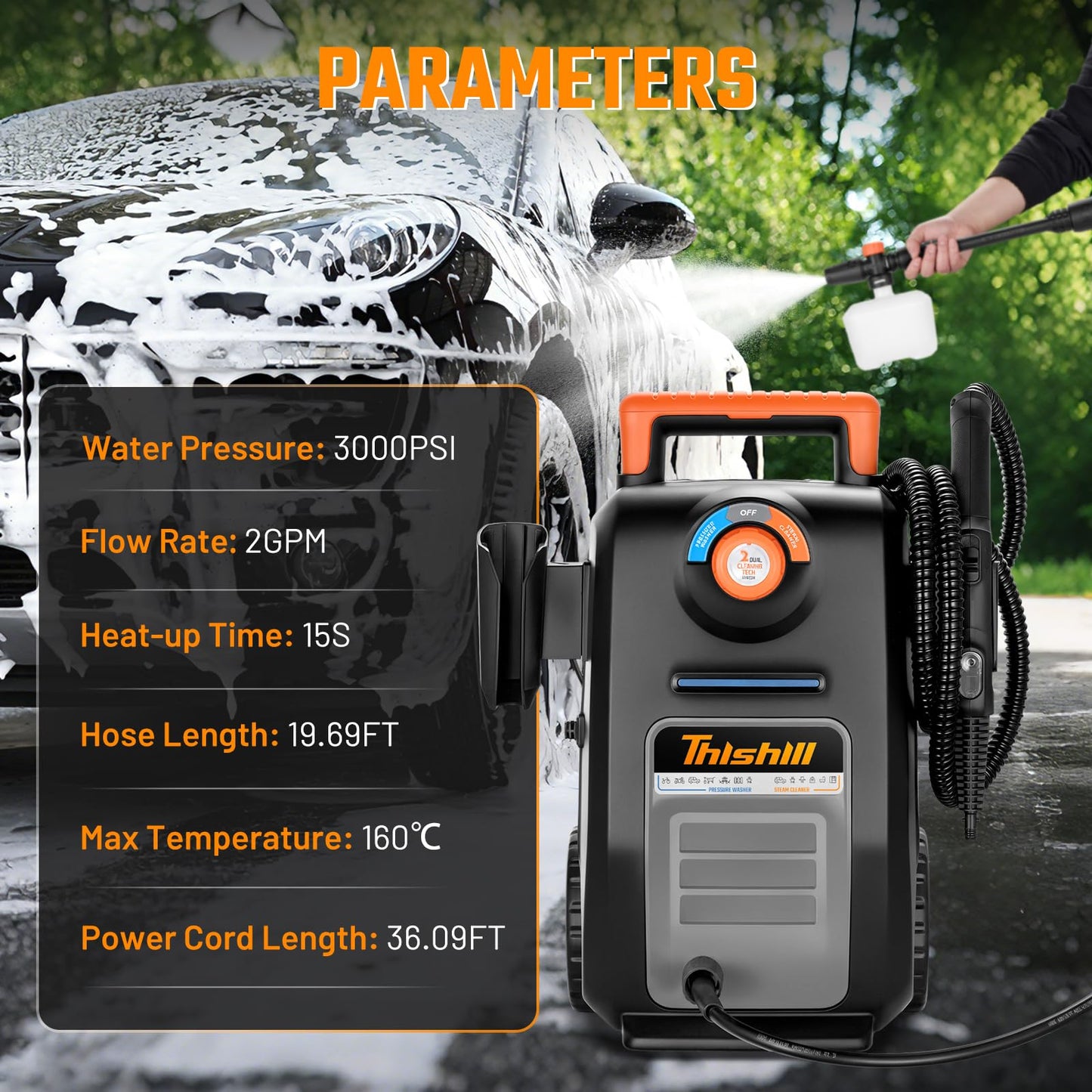 This Hill 2 in 1 Pressure Washer & Steam Cleaner, 2GPM 3000PSI with High Pressure Cleaner, 1500W High-Pressure Steamer for Cleaning, Suitable for Home, Tile, Carpet, Furniture & Personal Car Detailing