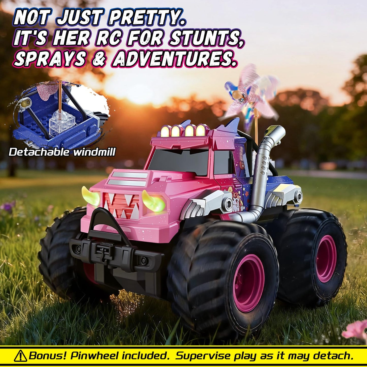 YEESWOOQI Remote Control Car for Girls, Waterproof Pink Monster Truck Toys W/Blocks & 360°Spin, 1:18 Amphibious RC Cars, 4WD All-Terrain Off-Road RC Trucks, Birthday Gifts Pool Toys for Kids Age 3-12