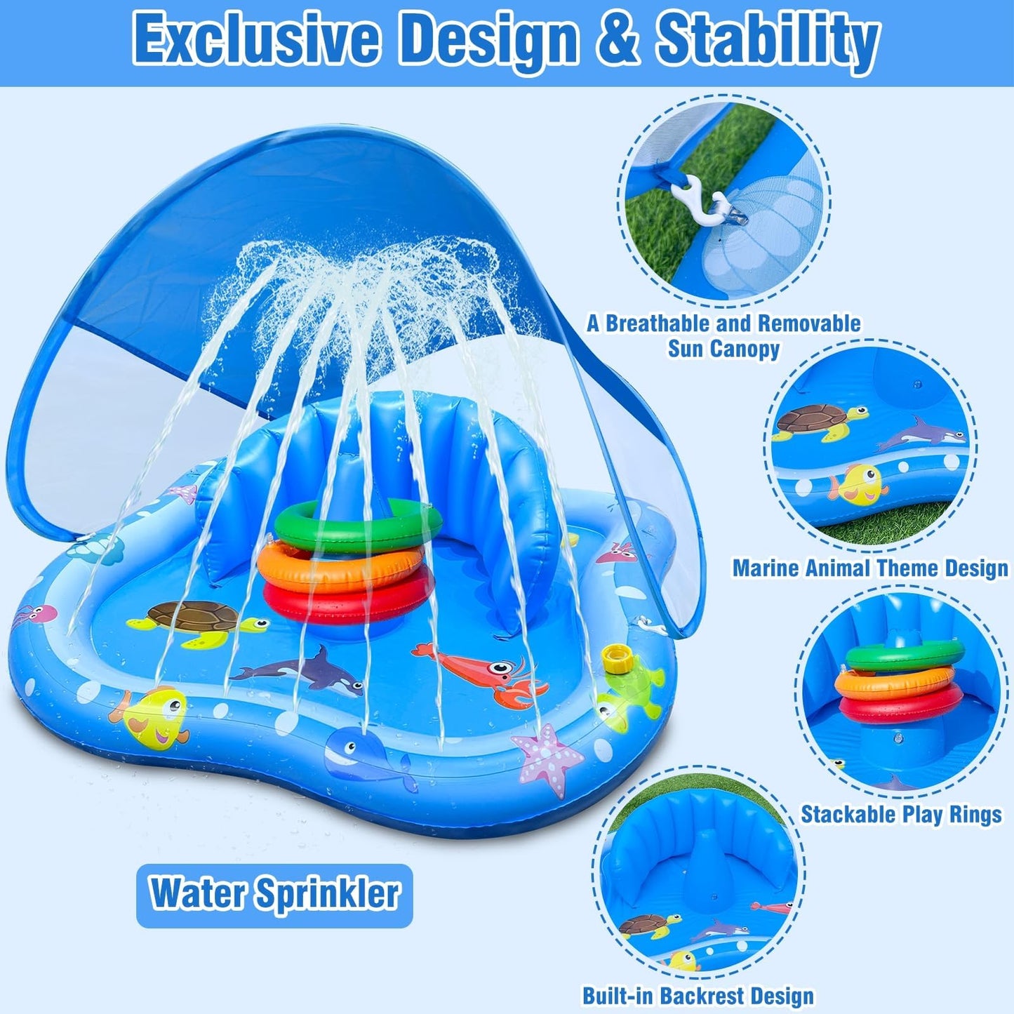 iGeeKid Baby Play Mat with Sprinkler, Inflatable Baby Pool Float with Canopy Backrest & Stackable Rings Water Sprinkler for Kids, Outdoor Water Play Toys for Toddlers Backyard Swimming Water Games