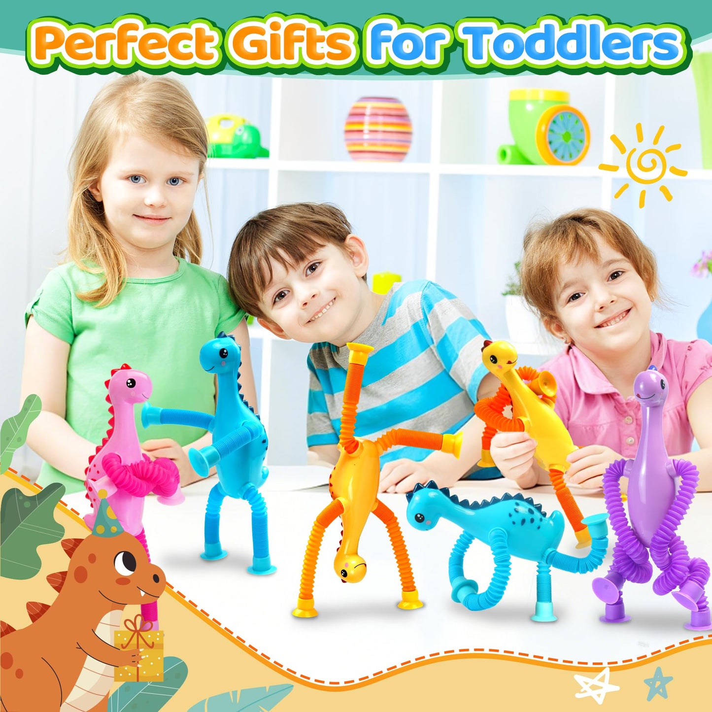4Pcs Dinosaur Airplane Travel Toys Easter Basket Gifts for Toddlers Kids Boys Girls Sensory Suction Cup Tube ADHD Autism Road Trip Car Activities Essential Stocking Stuffer Valentines Day