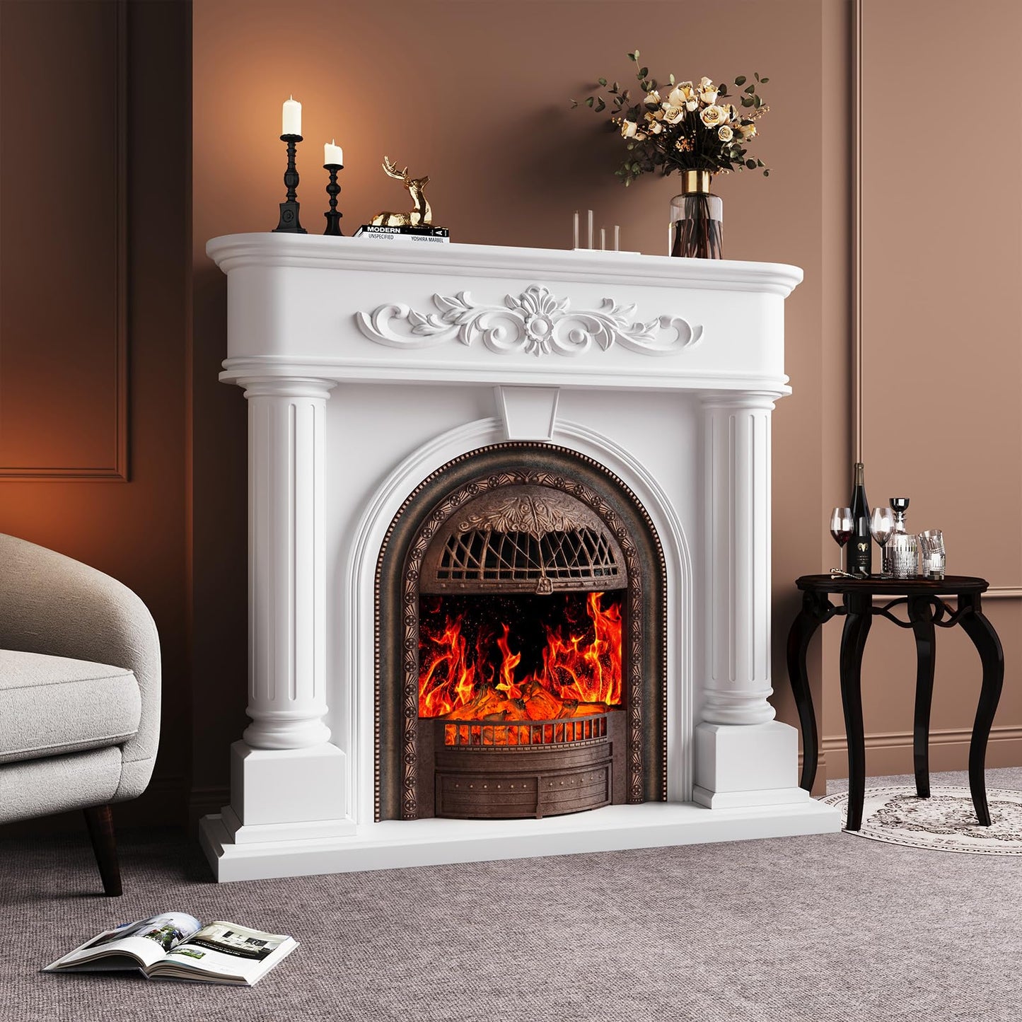 50” Solid Wood Electric Fireplace with Mantel, White Roman Column TV Stand with Bronze Birdcage Heater Insert, Elegant Fireplace for Living Room, Bedroom & Entryway