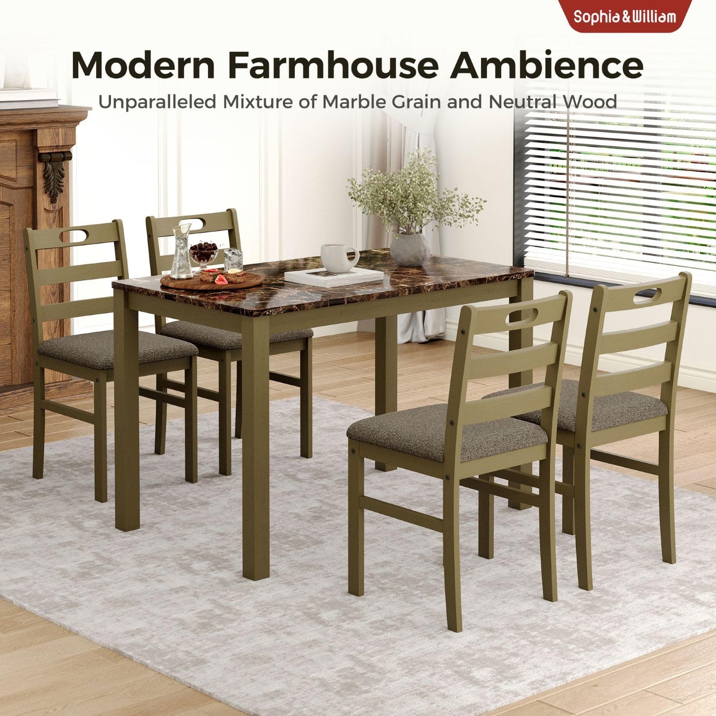 Sophia & William 5 Piece Dining Table Set for 4, Faux Marble Kitchen Table and Chairs Set, Solid Wood Farmhouse Dinner Table Set,Emperador Dark Marble & Olive