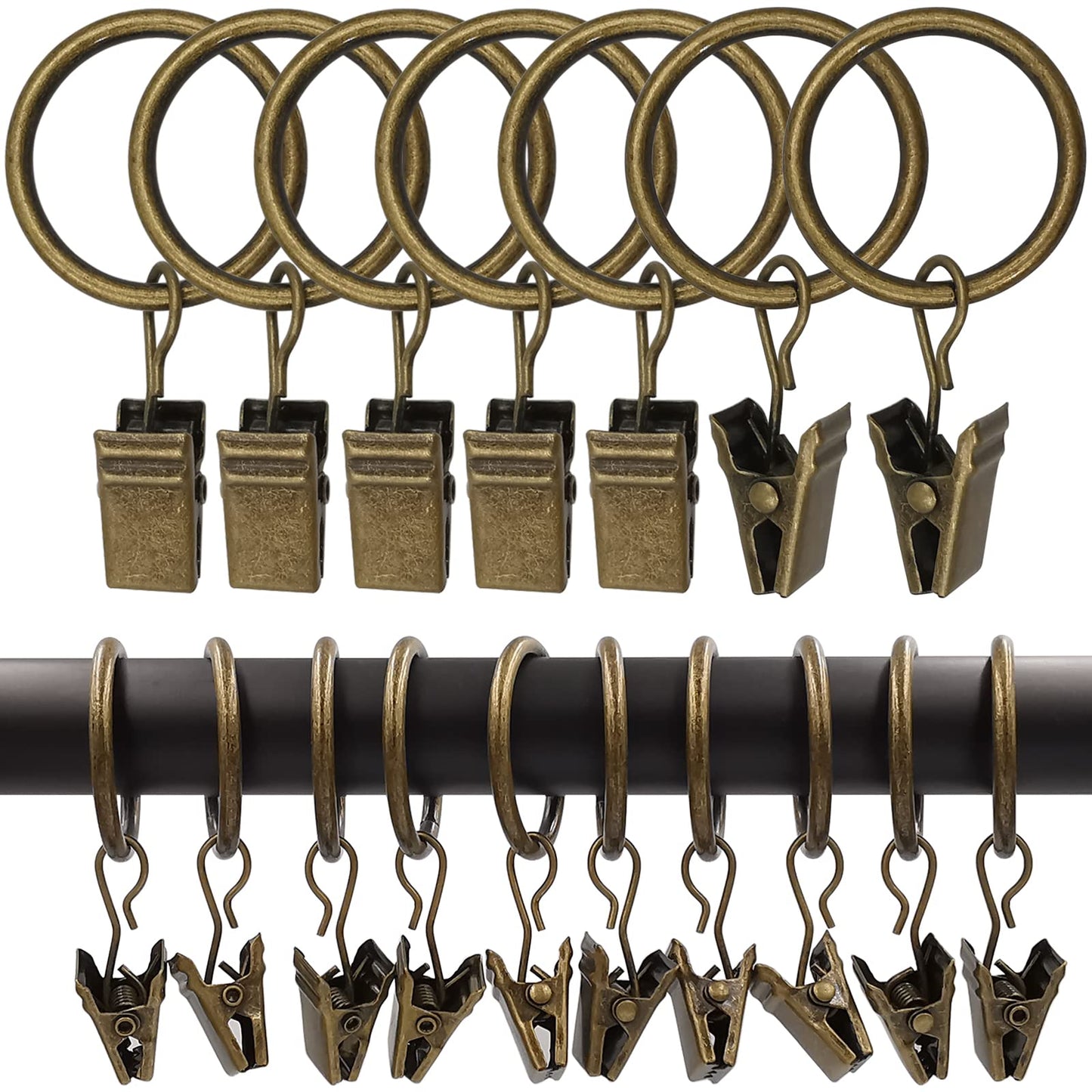 20 Pack Metal Curtain Rings with Clips, Curtain Clip Rings Hooks for Hanging Drapery Drapes Bows, Curtain Rod Rings 1.5 inch Interior Diameter, Black
