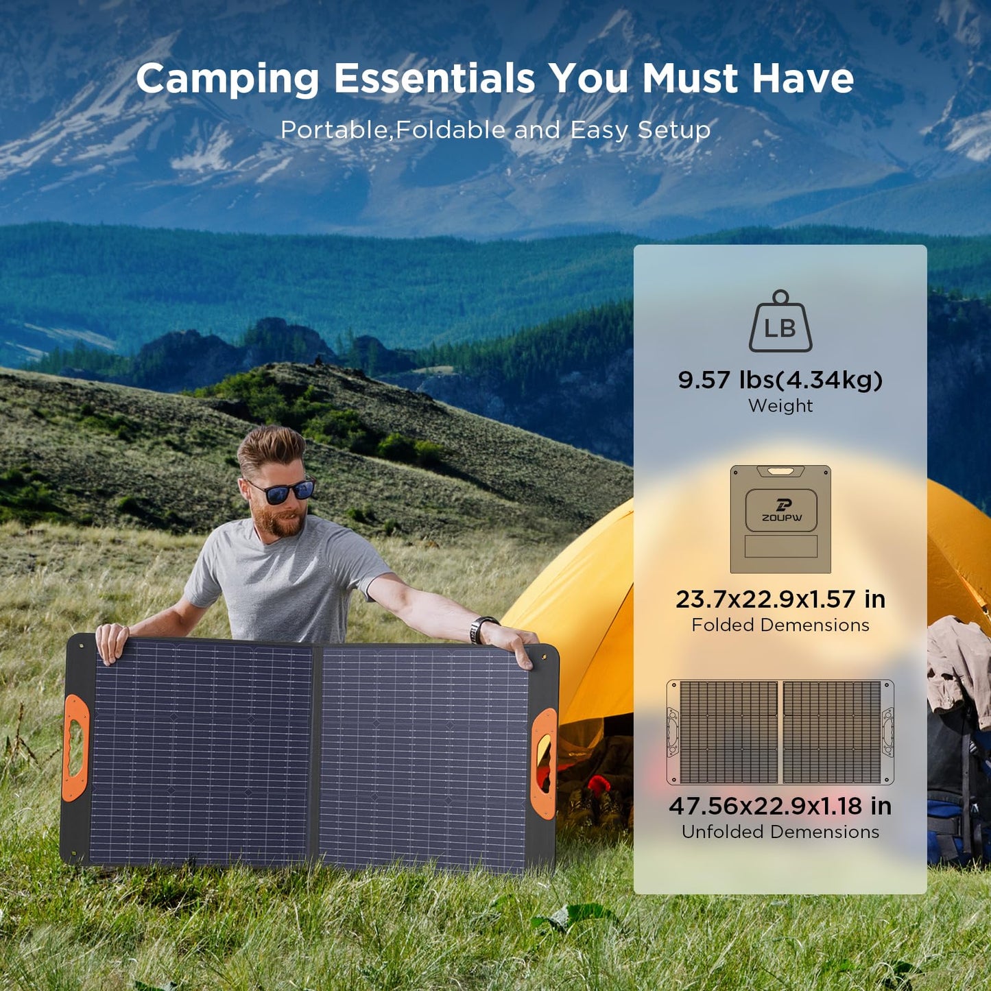 ZOUPW 110 Watt Portable Solar Panel for Jackery Explorer 300/500/Ecoflow/Anker Solix/Bluetti, Foldable Monocrystalline Solar Charger IP67 Waterproof Offgrid Power for Camping RV Battery Backup