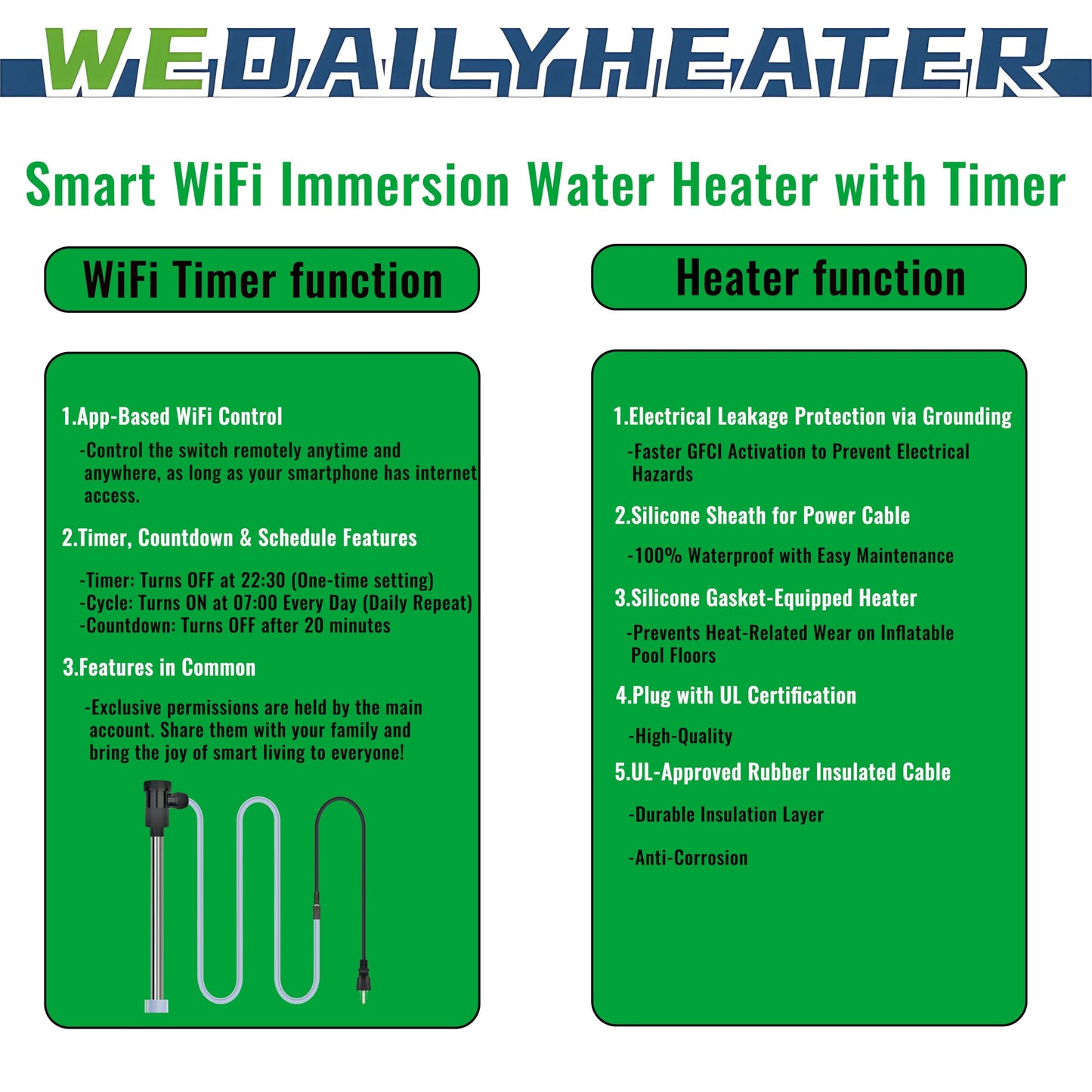 3500W 240V Fully Submersible Water Heater of Hot Tub & Inflatable Pool – Portable Immersion Electric Heater with Auto Shut Off & WiFi Timer for Tub, Spa, Above Ground/Inground Pool & Baptistry etc