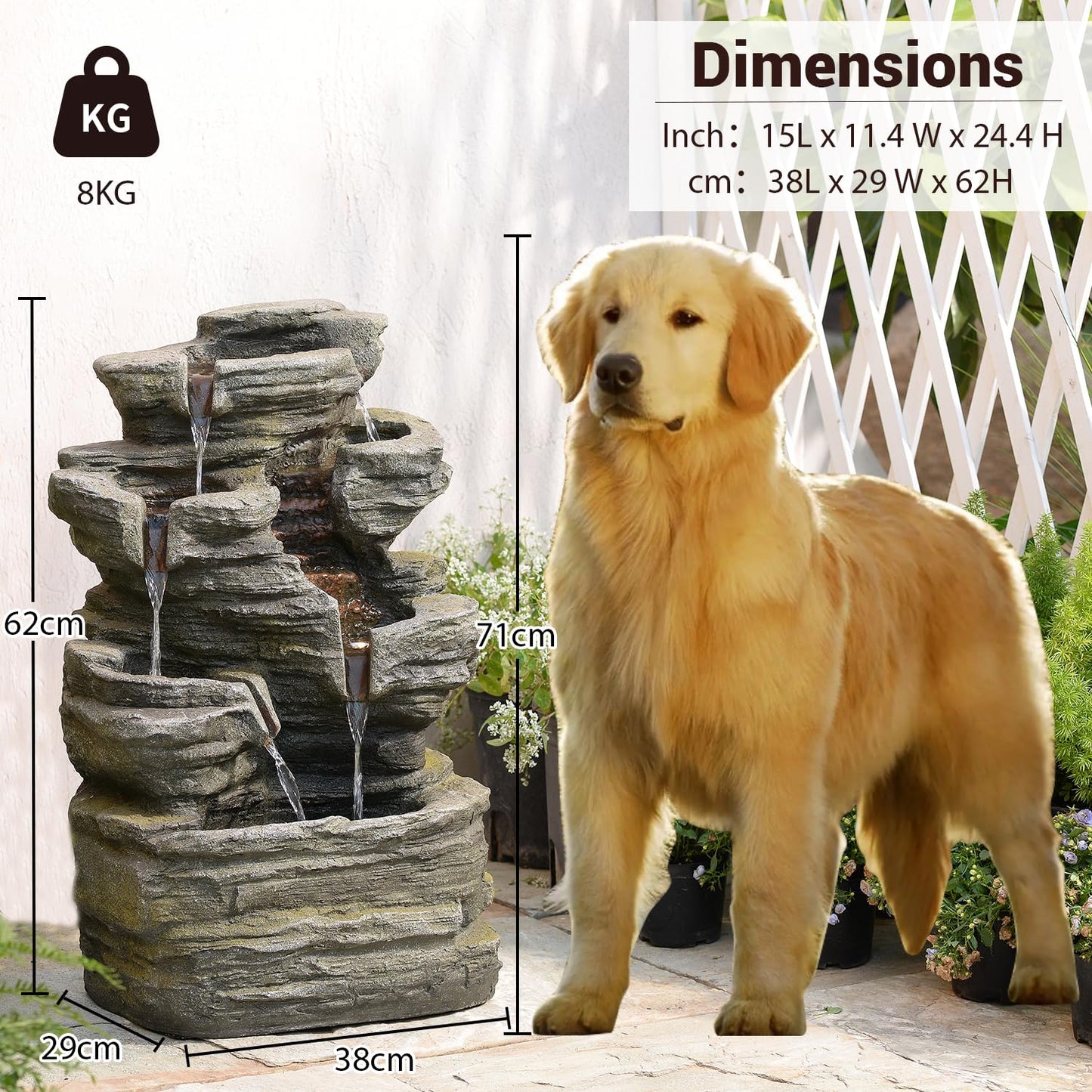 Bumilgar 6-Tier Cascading Rock Water Fountain Outdoor Garden Waterfall Decor for Garden, Patio, Backyard, Deck, Porch and Home Art Decor,24.4" H Outdoor Fountain with Lights