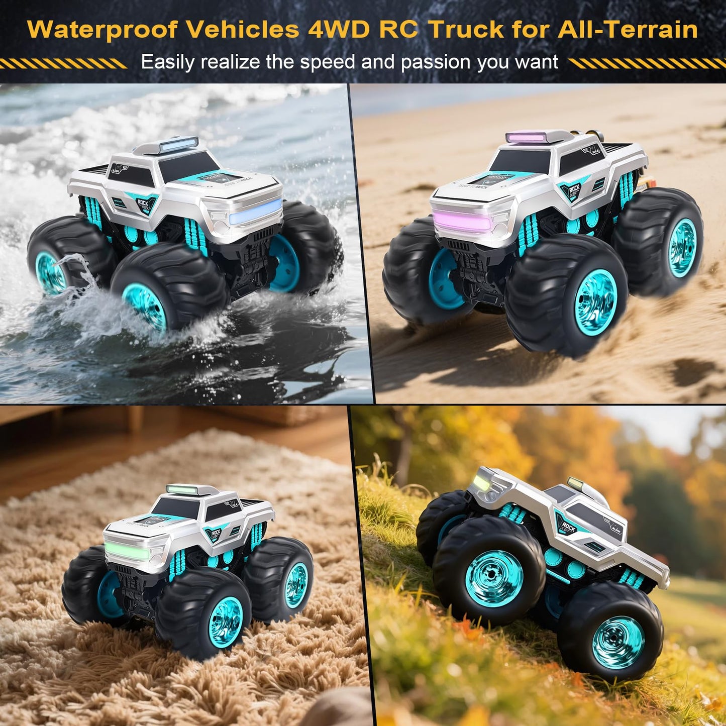 CARRTAN Waterproof Amphibious Remote Control Truck for Kids, Gyroscope Self-Balancing Monster Truck with Wheelie Stunts, LED Lights, All-Terrain RC Car for Boys Girls Ages 6–12, Outdoor Pool Toy Gift