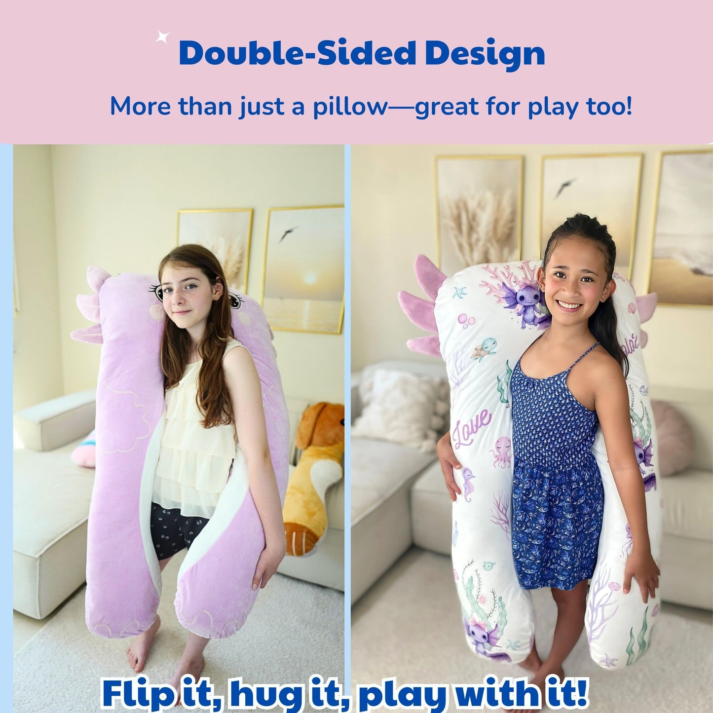 LUNAMIRA Axolotl Kids Body Pillow - 47" U-Shape Long Plush Soft Animal Pillow for Kids, Sleeping, Reading, ADHD & Special Needs Comfort, Anxiety, Washable Cover, Snuggle Fun Cuddle for Boys & Girls