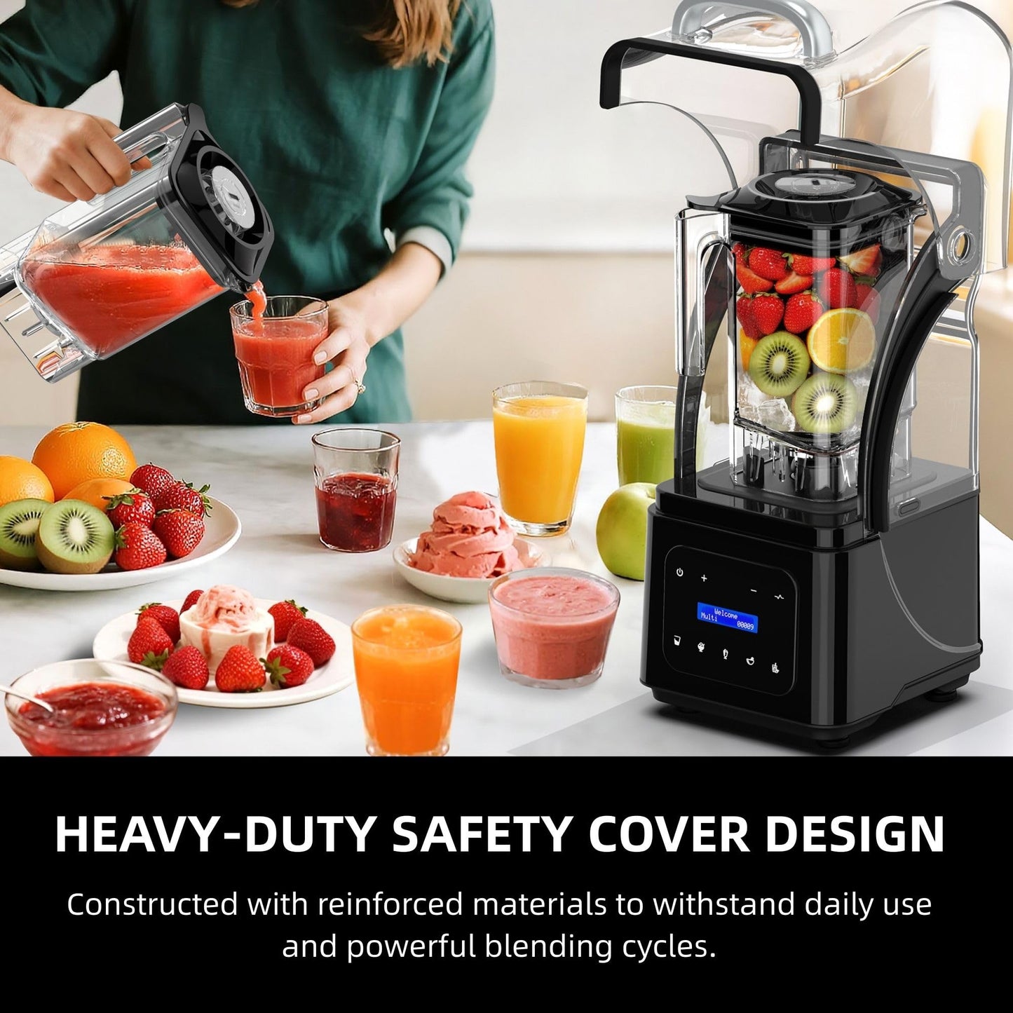 Professional Commercial Blender for Kitchen, Heavy Duty Quiet Shield, 2200W Motor, 6 Food Grade Blade, 60 Oz Pitcher, 5 in 1 Functions Countertop Blender for Ice Crush, Smoothies, Shakes, Spreads