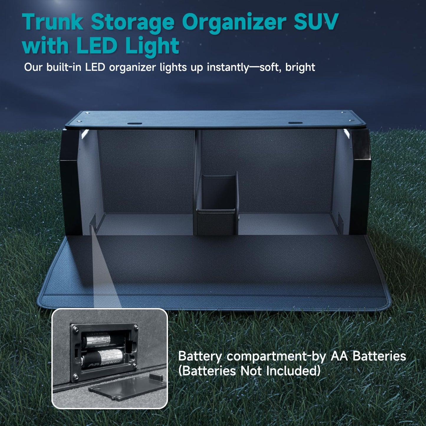 Car Trunk Organizers with LED Light, SUV Trunk Storage Box with Light, Trunk Organizer with Magnetic Lid & Sturdy Handle, Waterproof Car Storage Powered by 4 AA Batteries(Batteries Not Included)