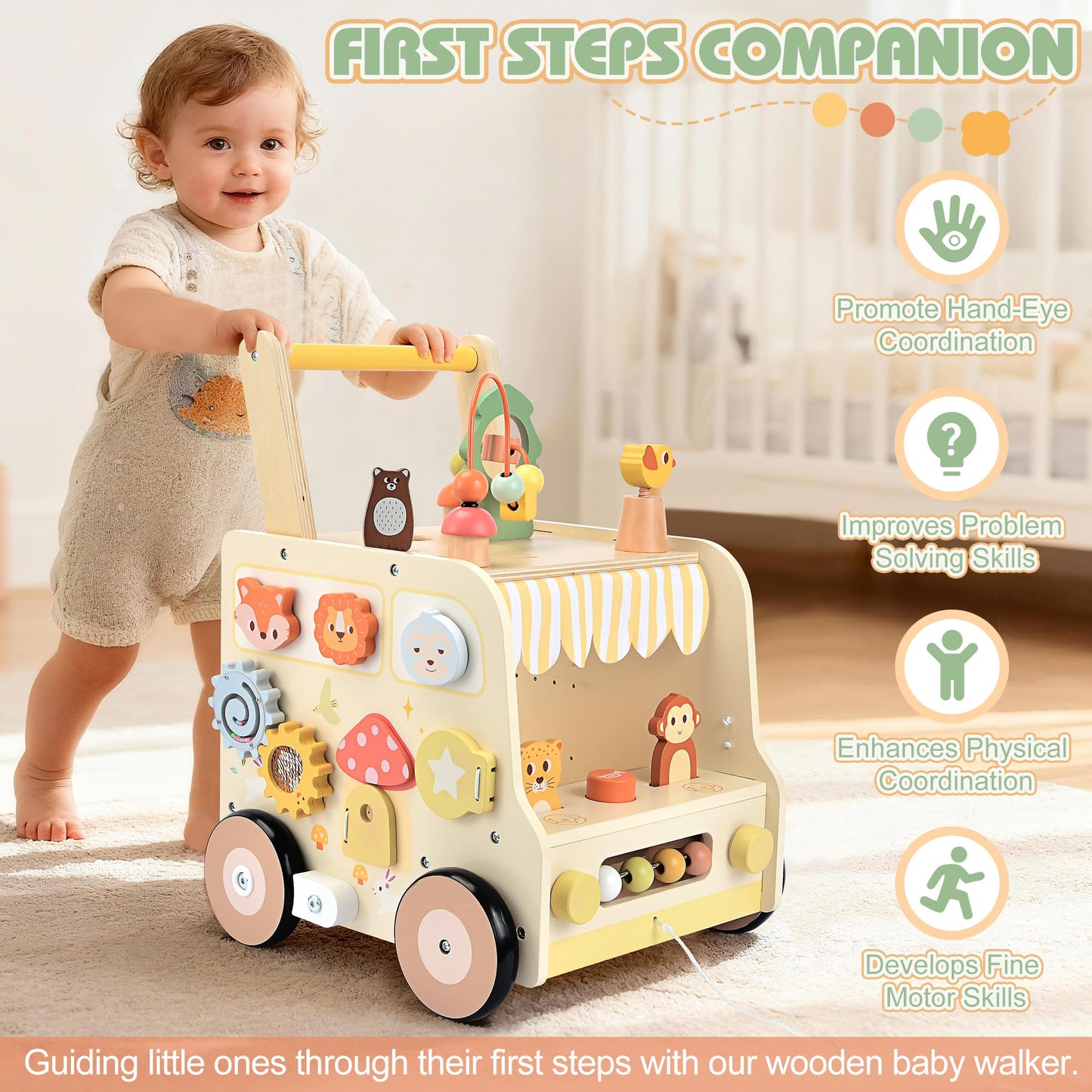 Pithfor Wooden Activity Cube Push Walker, Wooden Baby Walker, Montessori Toys for Babies 10-12 Months 1 2 3 Years Old Boys & Girls, Help Learning to Walk & Sit-to-Stand