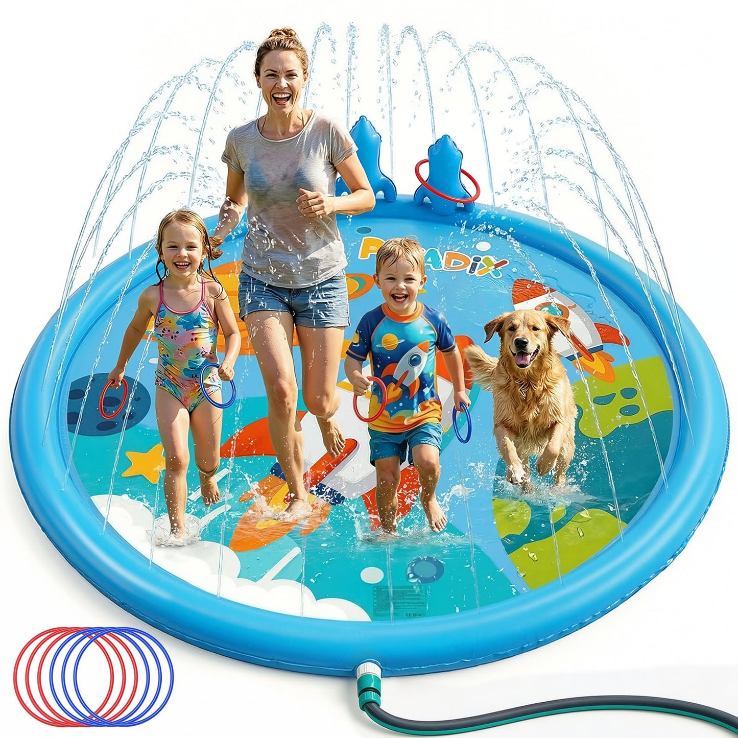 Peradix Toddler Splash Pad for Kids, 67" Sprinkler Mat with Ring Toss Game, Kids Summer Toys for Boys Girls & Family, Baby Splash Pad for Outside Backyard Garden Lawn Water Games, 6 Plastic Rings