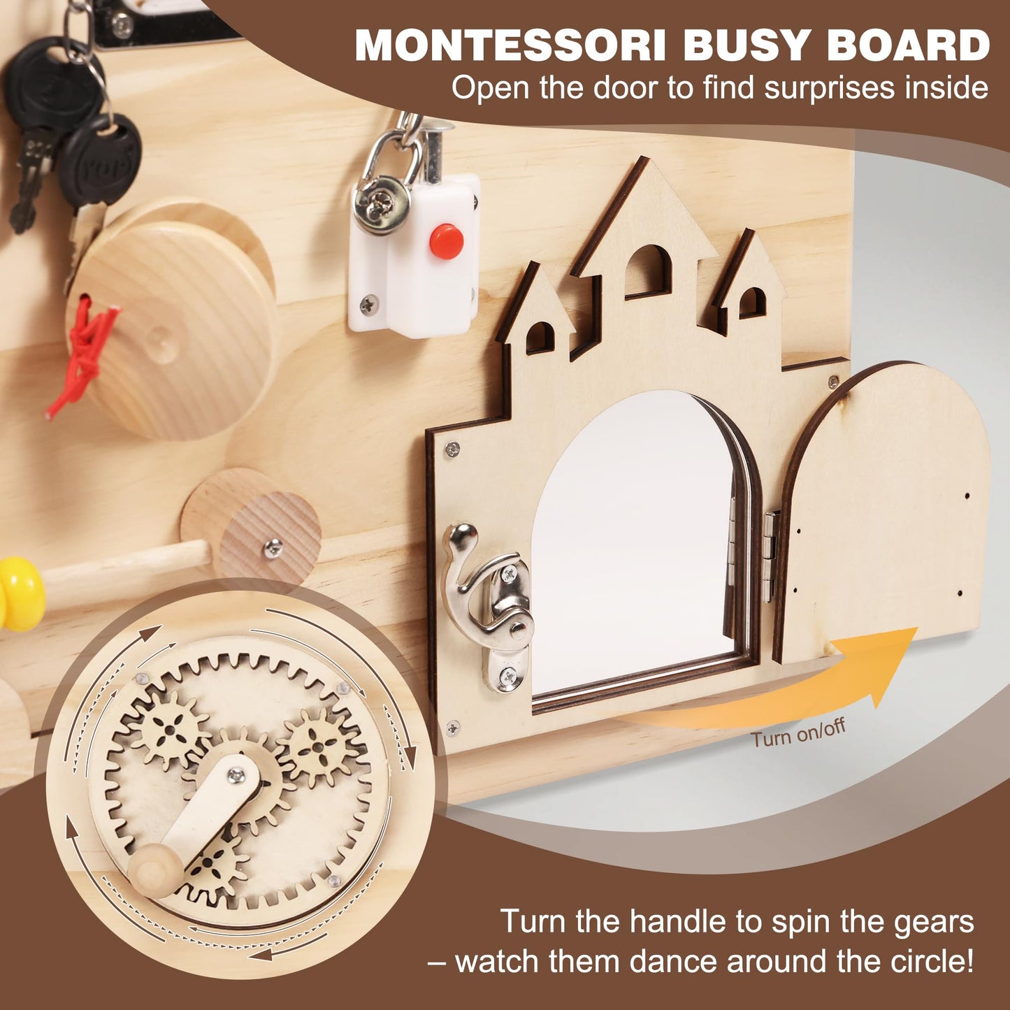 Pithfor Wooden Montessori Busy Board for Toddlers, Montessori Sensory Activity Board Toys for Baby Kids, for Fine Motor Skills, Autism & ADHD
