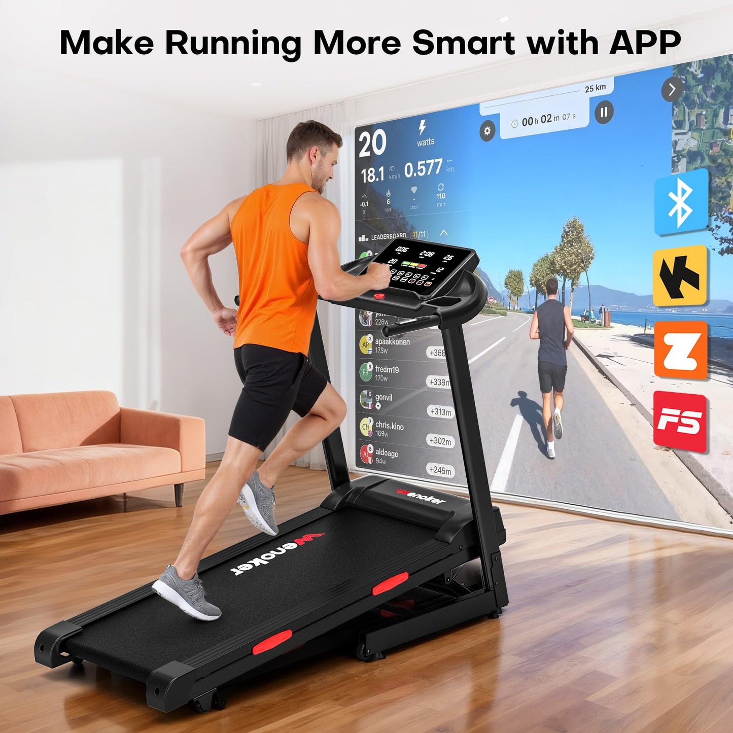 Treadmill with Incline for Home, WENOKER 15% Auto Incline Treadmill with Handrail 300 lbs Capacity, 3.0HP Quiet Walking Pad Tread mill with App, Portable Folding Tread mill with Heart Rate & Wide Belt
