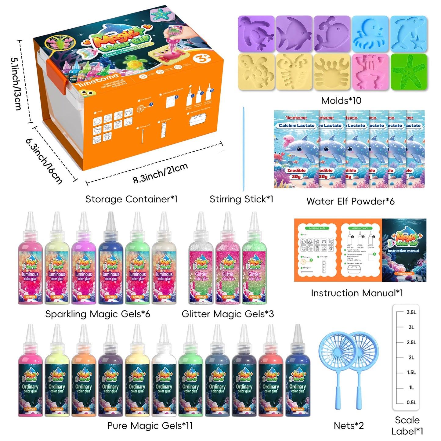Timetome Magic Water Elf Toy Kit for Kids – 20 Gels (11 Standard + 6 Glitter + 3 Glow) & 10 Molds, DIY Squishy Maker, Aqua Fairy Gel Toys, Night Glow & Glitter, Valentine Gifts for Boys & Girls 3+