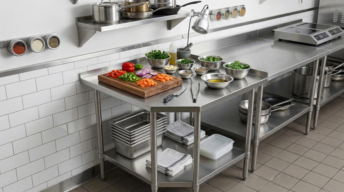 Stainless Steel Corner Work Table 30 in. x 30 in. x 35 in. with 1.5in. Backsplash, Galvanized Undershelf, 5 Leg Support, Commercial Prep Table for Restaurant Kitchen Utility