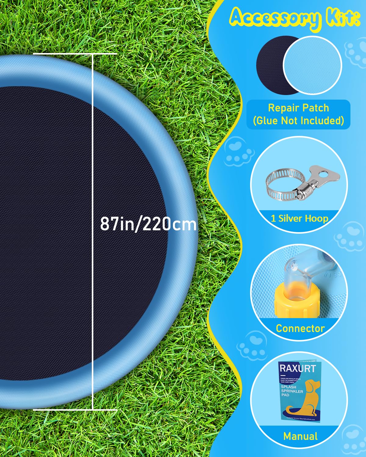 Raxurt Splash Pad for Kids and Dog, 87IN Non-Slip Large Baby Play Mat, Thickened Durable Dog Pool Toys, Sprinkler Outdoor Water Toys for Ages 3-12 Boys Girls, Parent-Kids, Blue
