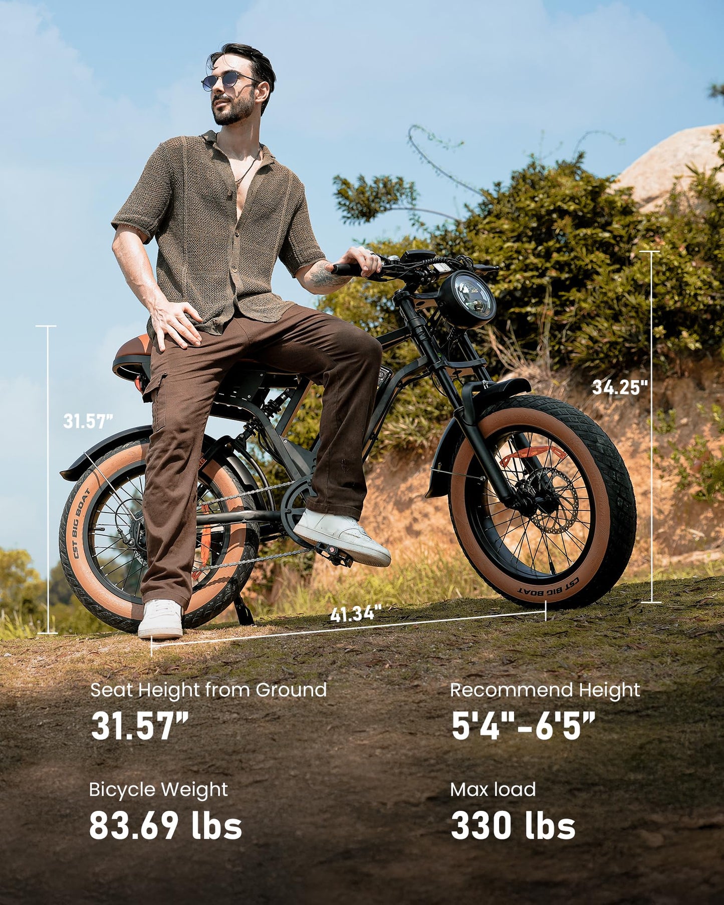 R6 Retro Electric Bike for Adults 1500W Motor, 20MPH, Max 75 Miles Electric Motorcycle, 20" Fat Tire Electric Dirt Bike, Shamano 7-Speed E-Bike Full Suspension, R/L Turn Headlight