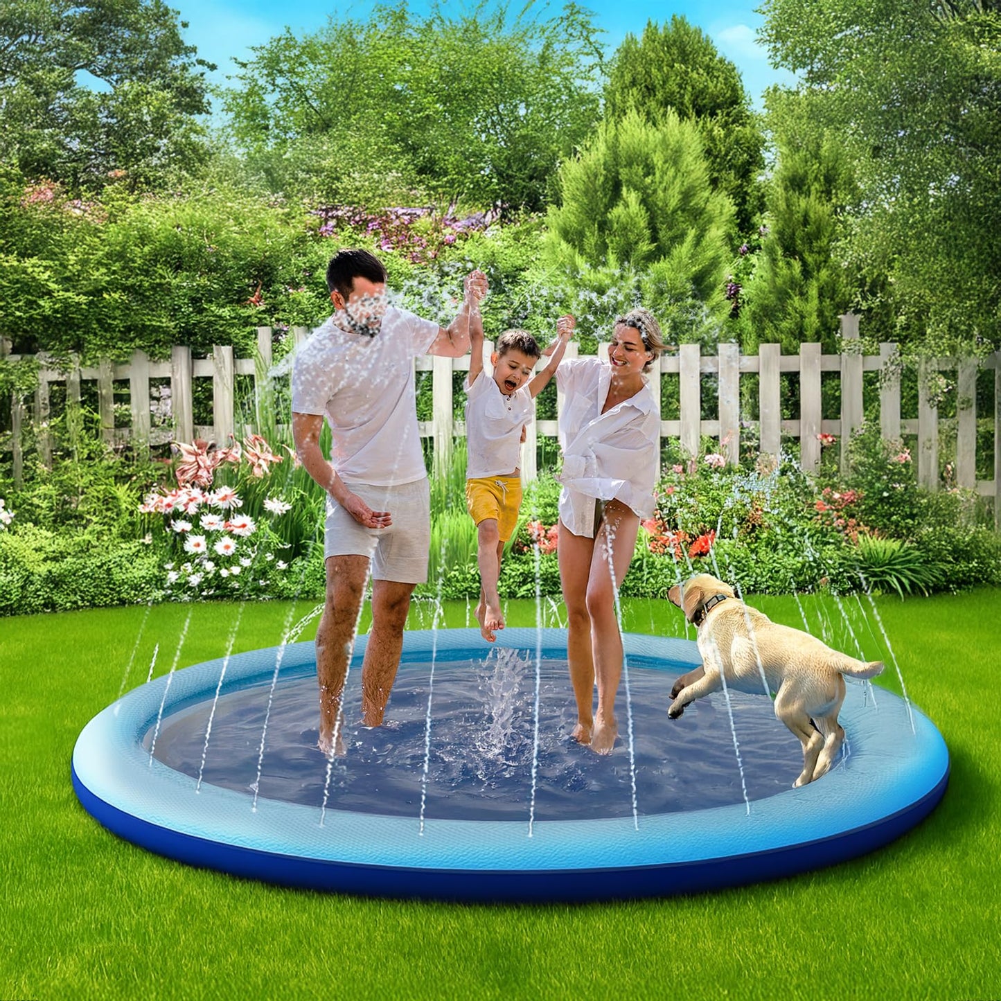 COMMOUDS 97" Splash Pad for Kids and Dogs, Extra Large Sprinkler Pad Non-Slip Thicken Pool Summer Outdoor Water Toys, Backyard Fountain Play Mat for Baby Toddlers Boys Girls Pet