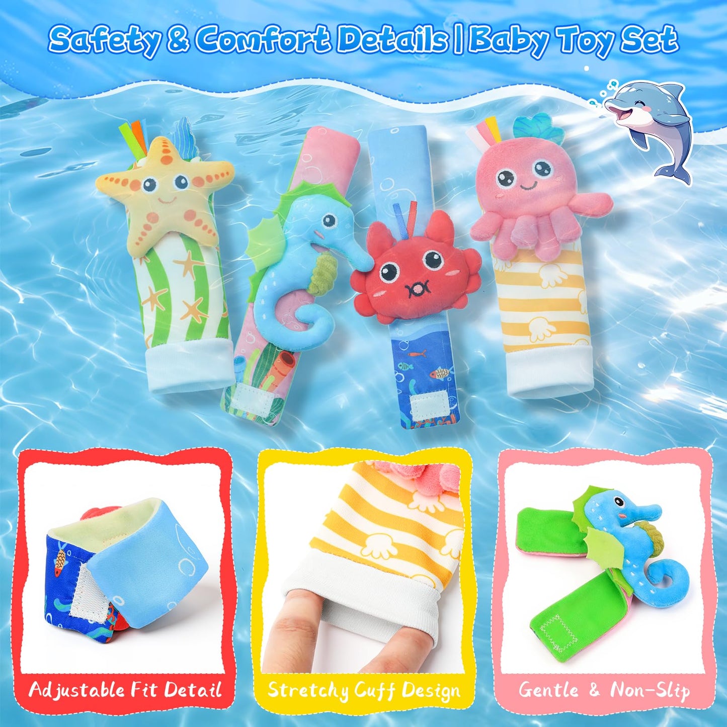 Zendstanding Baby Wrist Rattle Foot Finder Socks Set, CPC Safe Sensory Plush Toys for 0-12 Months Newborn Boys Girls, Ocean Rattles Baby Shower Registry Gift for Expecting Moms Essentials