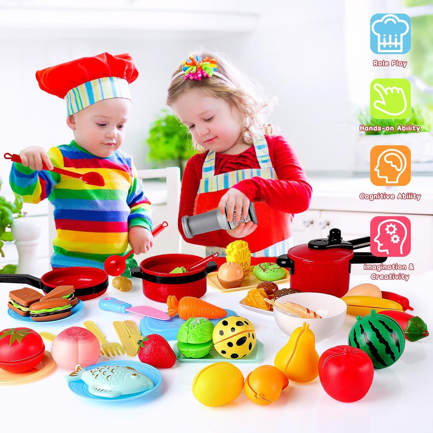 FunMission 134 Pcs Toy Kitchen Accessories, Toddler Pretend Cooking Toys with BBQ Grill, Pressure Cooker, Kettle, Pots, Pans, Kitchen Playset for Cutting Play Food, Learning Gift for Girls Boys