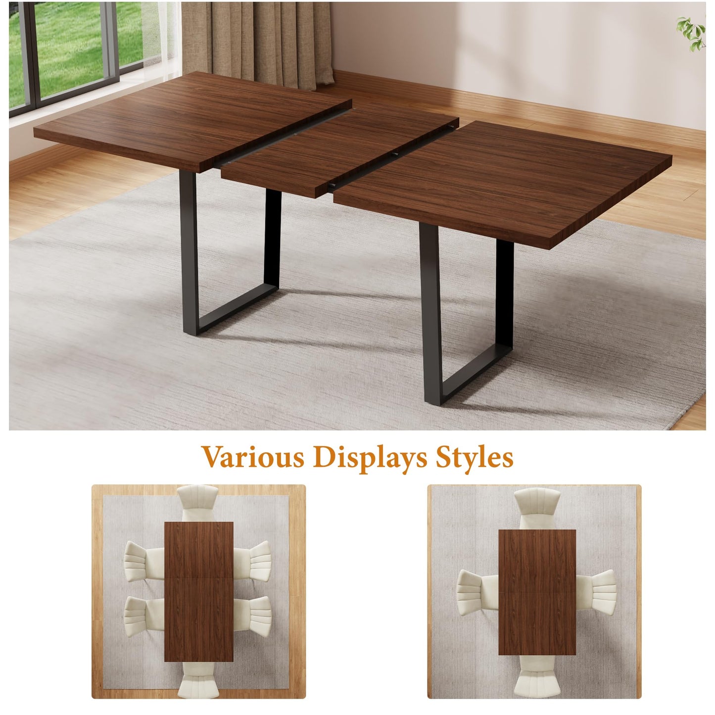 ZckyCine 79" Expandable Walnut Dining Table with 6 PU Leather Chairs, 7-Piece Modern Dining Set, Sturdy Metal Legs, Adjustable 63"-79" Rectangle Table for Kitchen & Dining Room
