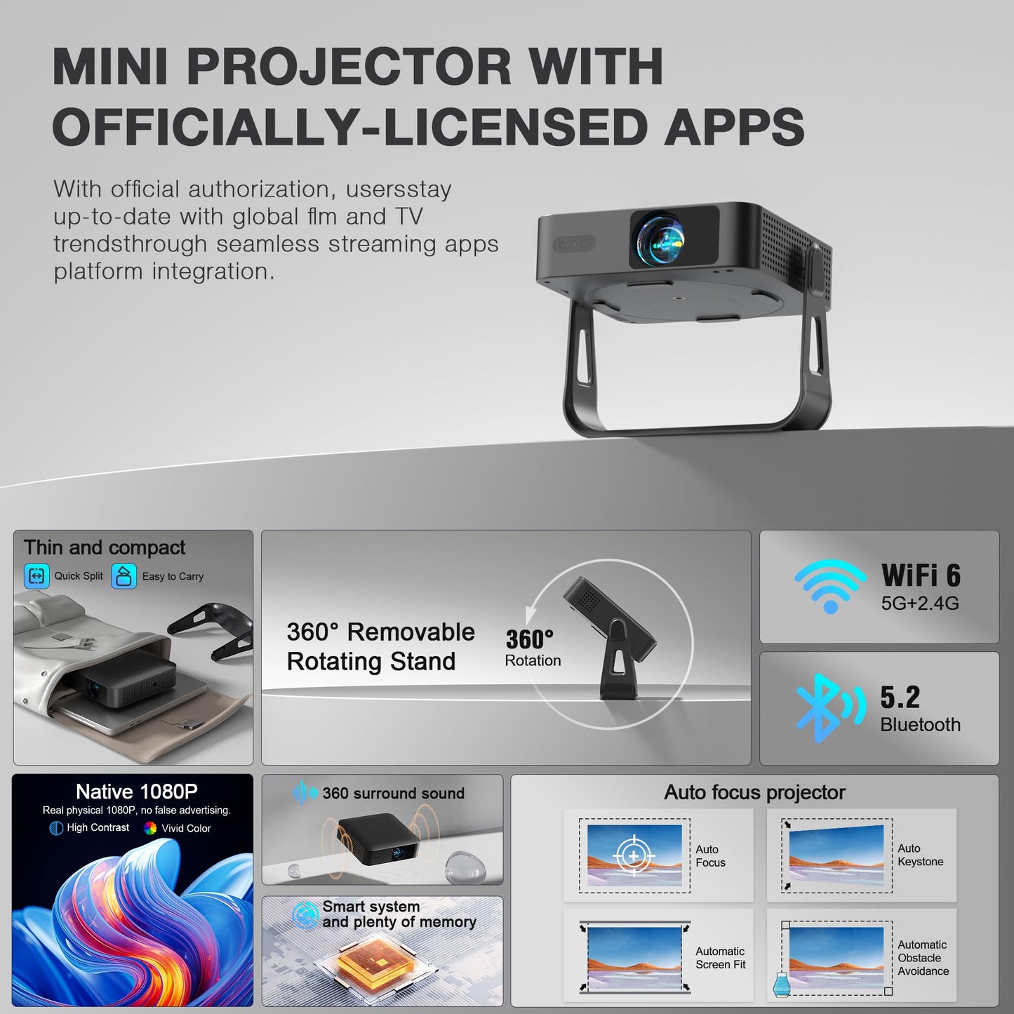 【Lig Black Projector & Built-in Apps】 XuanPad Mini Projector with Wi-Fi and Bluetooth, Full HD 1080P Smart Portable Projector with 210° Stand, Auto Vertical Keystone, Compatible with HDMI/USB/TV Stick
