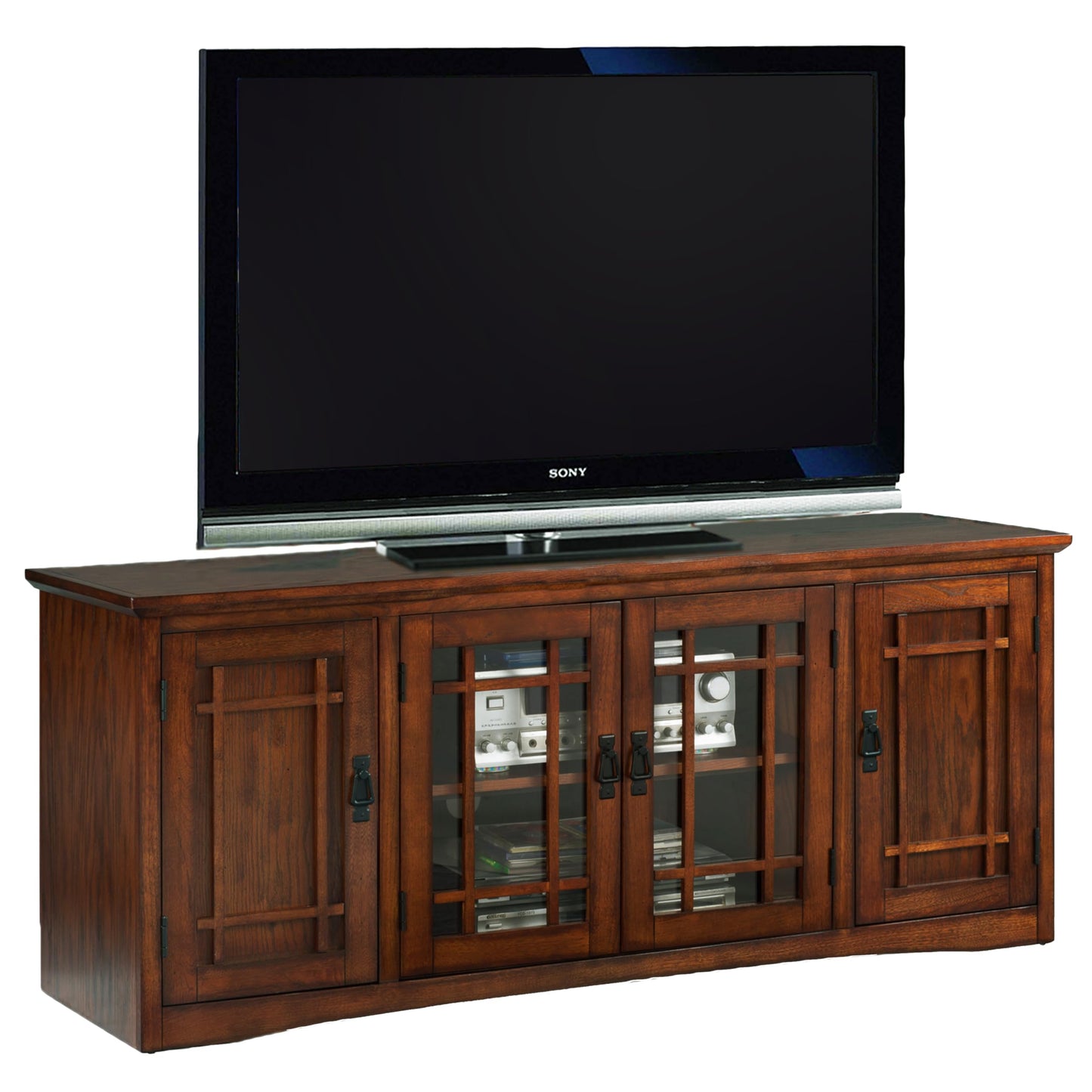 Leick Home 82360 Solid Wood Mission Oak Four Door TV Stand For 65" TVs Universal TV Console Living Room Storage Shelves Entertainment Center, Mission Oak