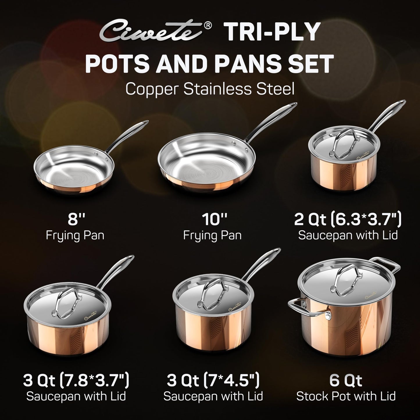 Ciwete Whole Tri-ply 18/10 Stainless Steel Cookware Set, 10 Pcs Elegant Copper Pots and Pans Set, Induction Cookware, Frying Pans, Saucepans & Stock Pot with Lid, Ideal Gift for Wedding, Housewarming