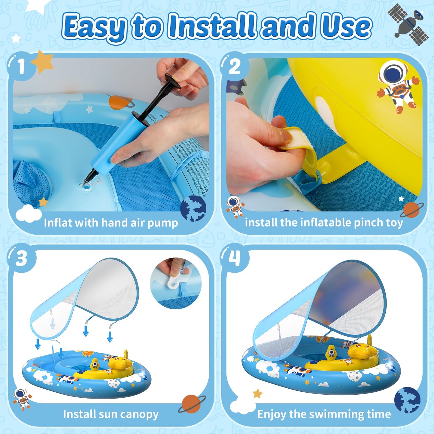 Baby Pool Float with Canopy UPF50+ Sun Protection, Baby Swimming Float with Toy Play Console, Toddler Pool Floats with Adjustable Safety Seat for Kids Infant Todder Girls Boys Aged 6-36 Months (Blue)
