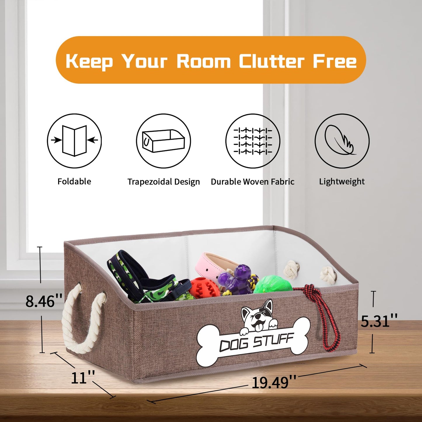 Thankspaw Collapsible Fabric Dog Toy Box and Storage Bin With Handle - Trapezoid Basket Chest Organizer for Pet Toys, Blankets and Accessories,Coffee