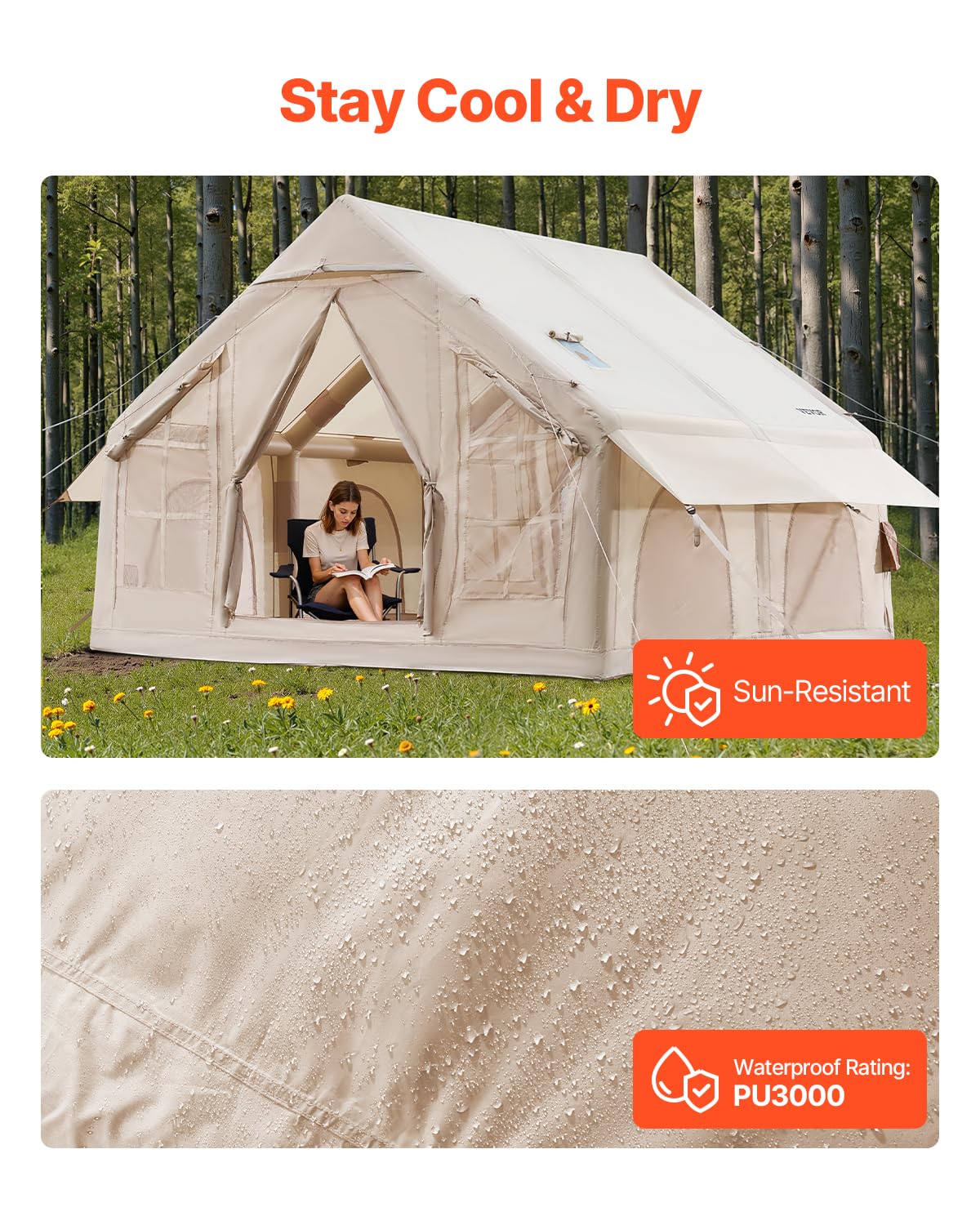 VEVOR Inflatable Tents for Camping, 4-6 Person Easy Setup Blow up Tent with Hand Pump, 300D Oxford 4 Season Glamping Tent with Stove Jack 2 Doors & 4 Mesh Windows, Storage Bag Included for Easy Taking